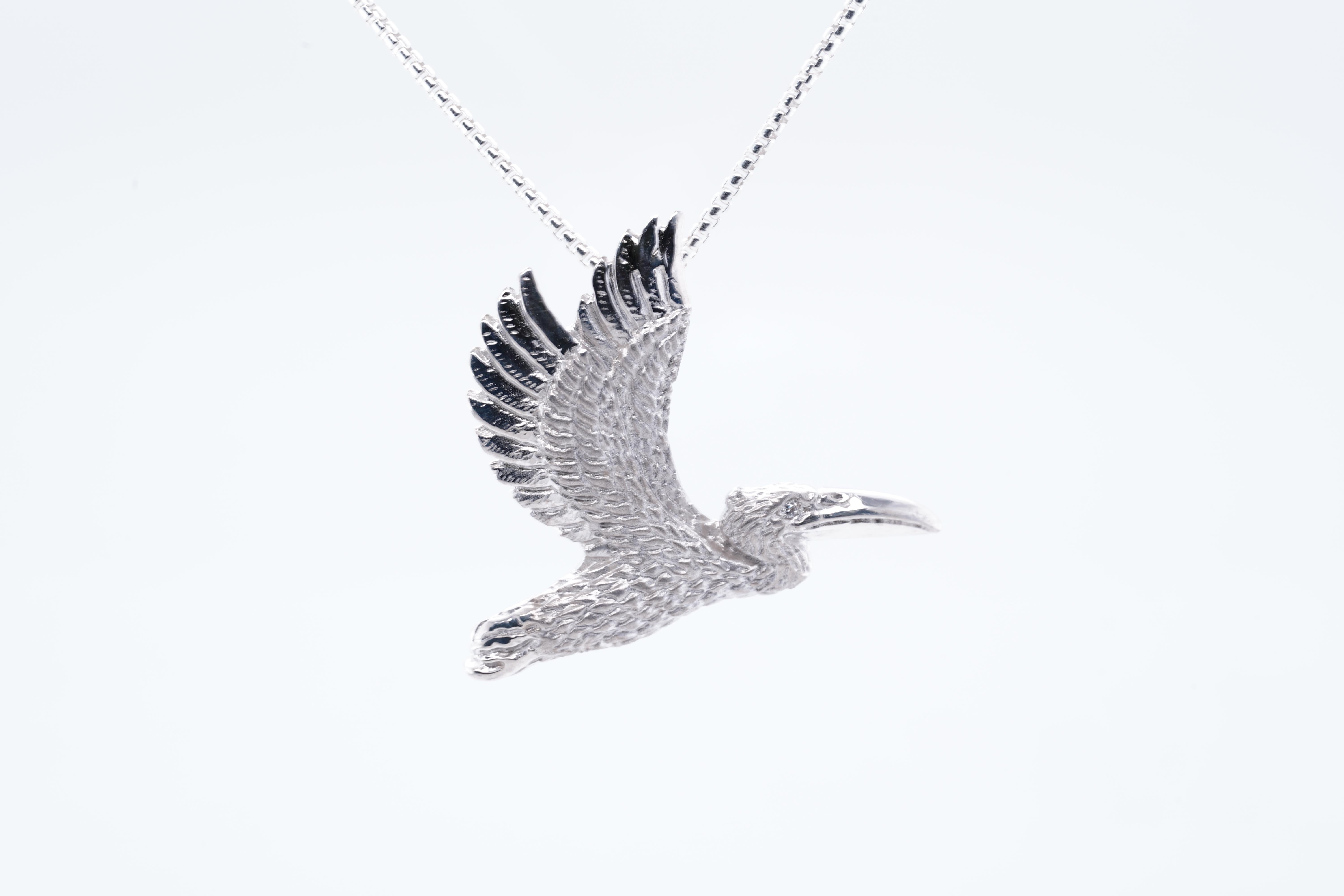 Round Cut Detailed Sterling Silver Pelican Pendant Necklace with Diamond Eye