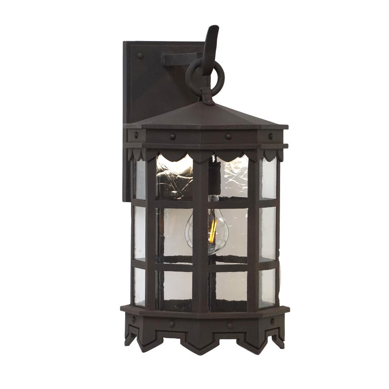 Detailed Wrought Iron Outdoor Arm Mount Lantern, DLG Antique Glass