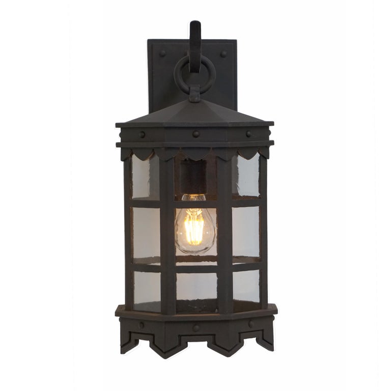 Detailed Wrought Iron Outdoor Arm Mount Lantern, DLG Antique Glass