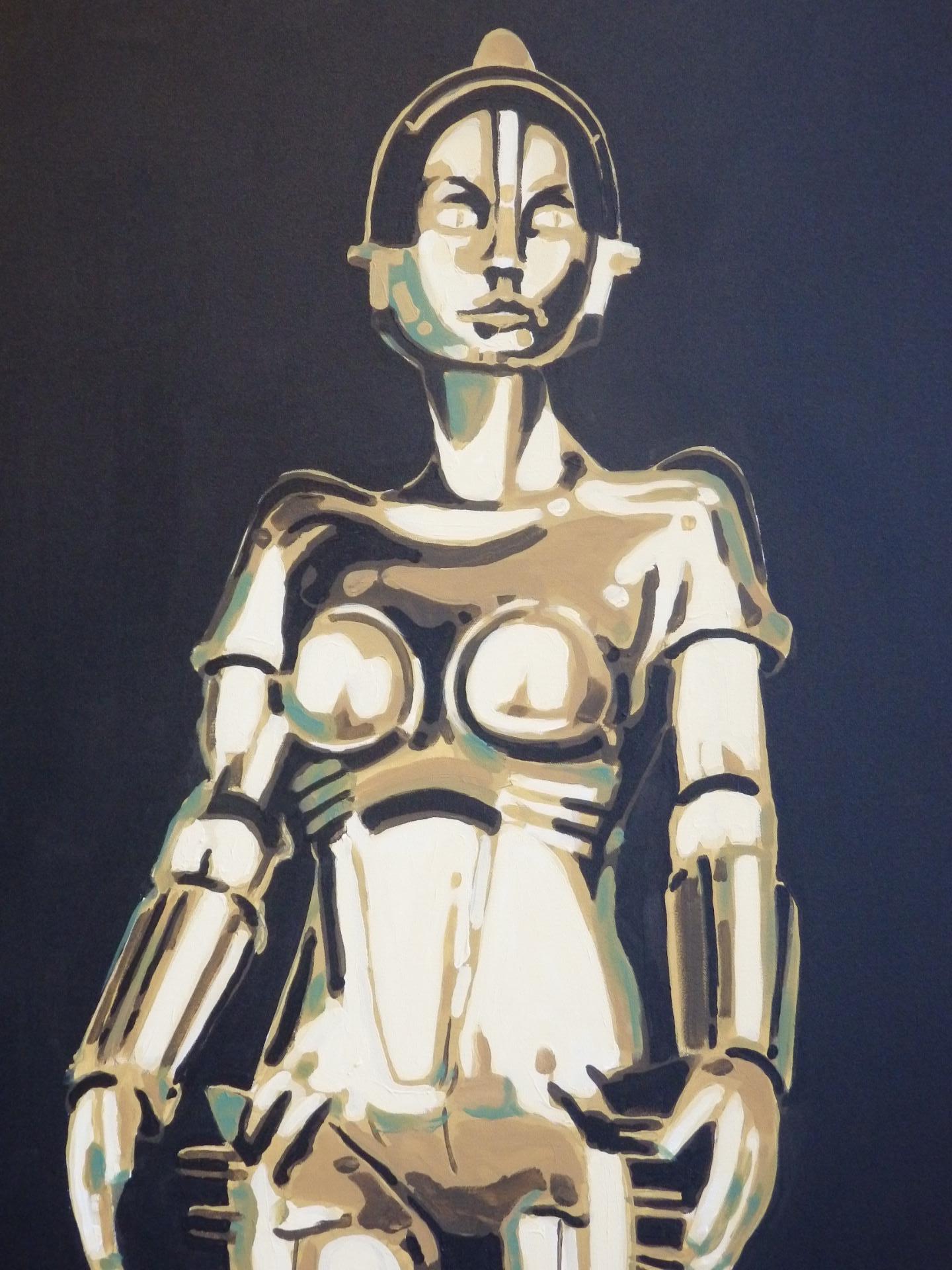 Stunning painting of Machinenmensch (robot) Maria from Fritz Langs silent masterpiece film Metropolis . Painted by Detroit area artist Billy couch. The Maschinenmensch is a character in Fritz Lang's film Metropolis, brought to life by German actress