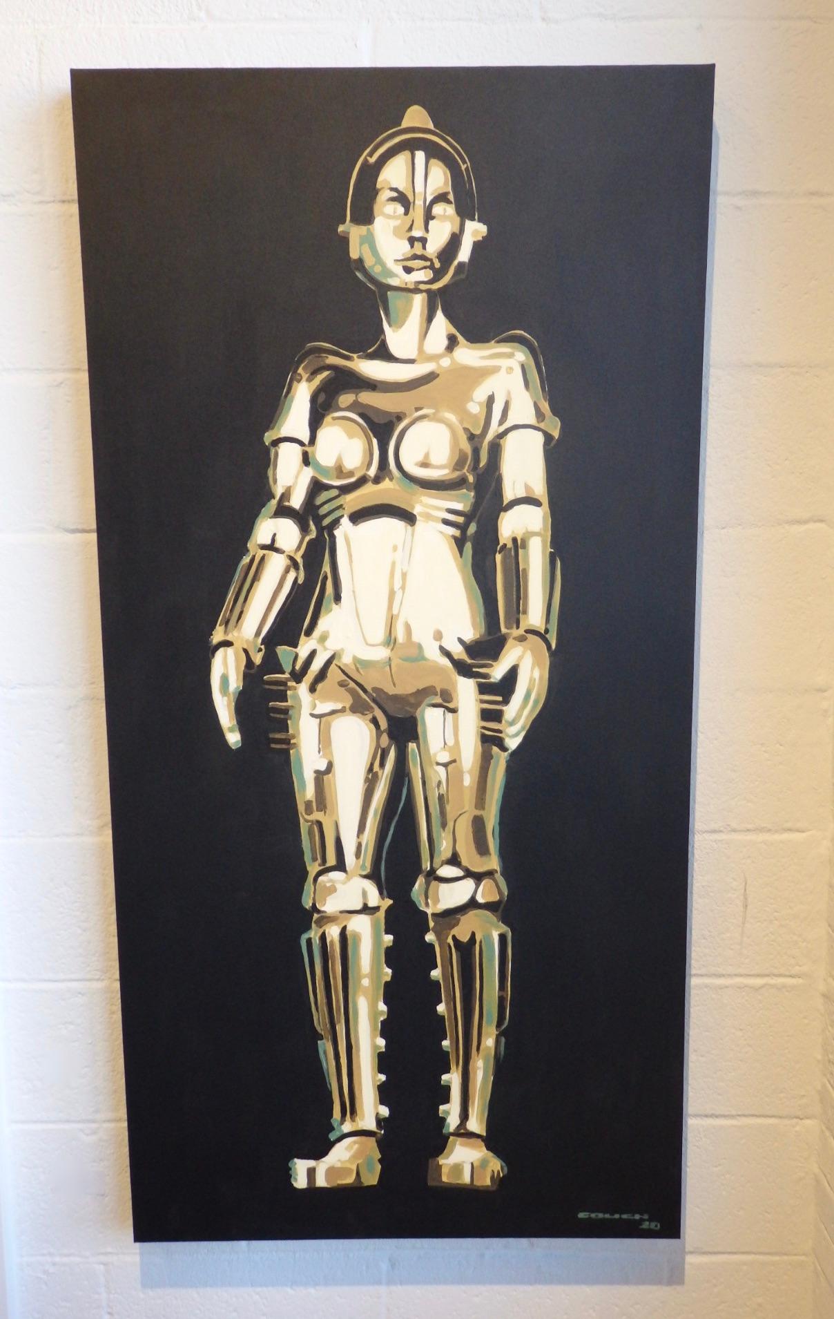 Artista de Detroit Billy Couch Acrílico sobre lienzo Pintura Metrópolis Robot María Moderno de mediados de siglo en venta