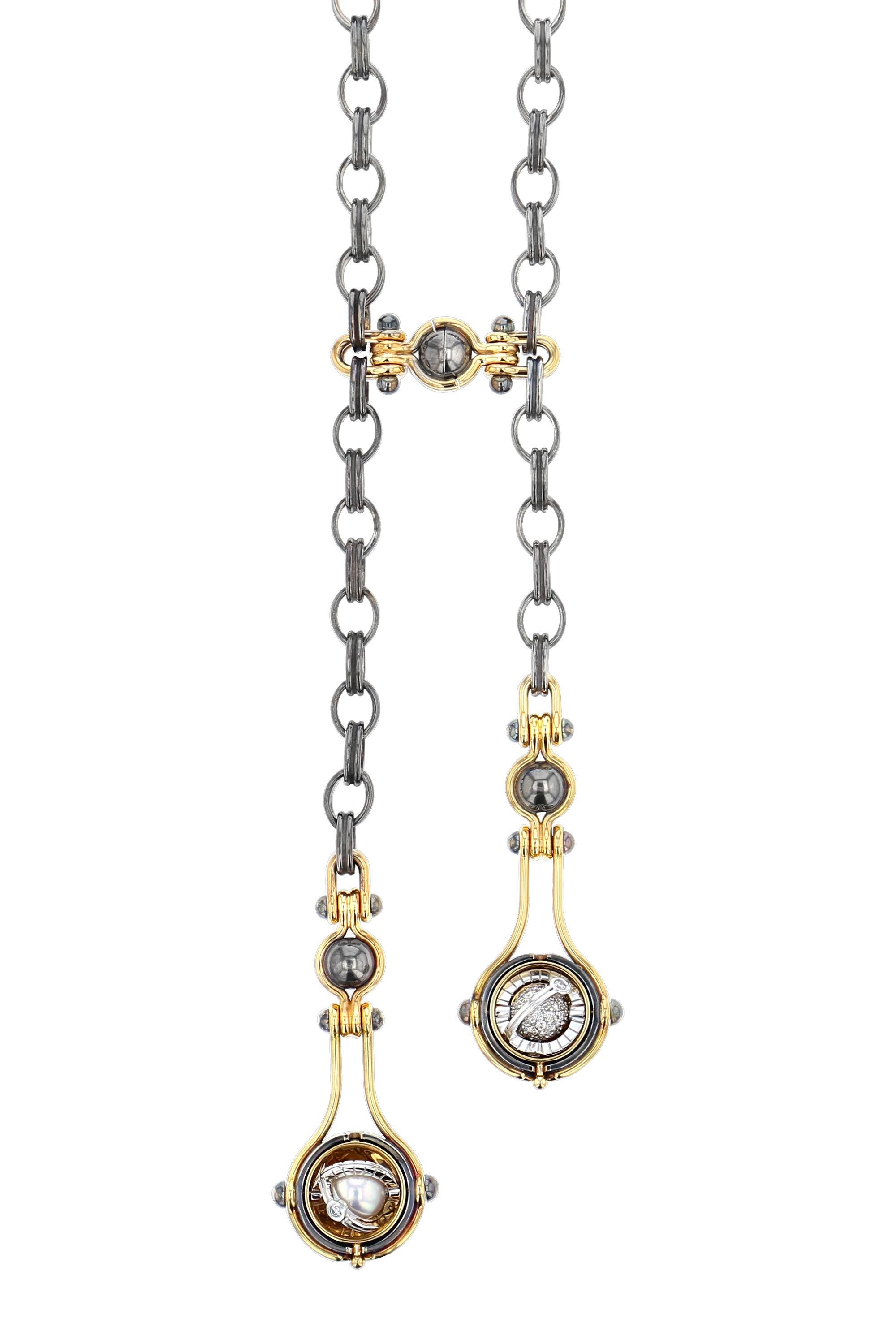 Deux Gouttes Diamanten & Perlen Halskette aus 18 Karat Gelbgold von Elie Top (Neoklassisch) im Angebot