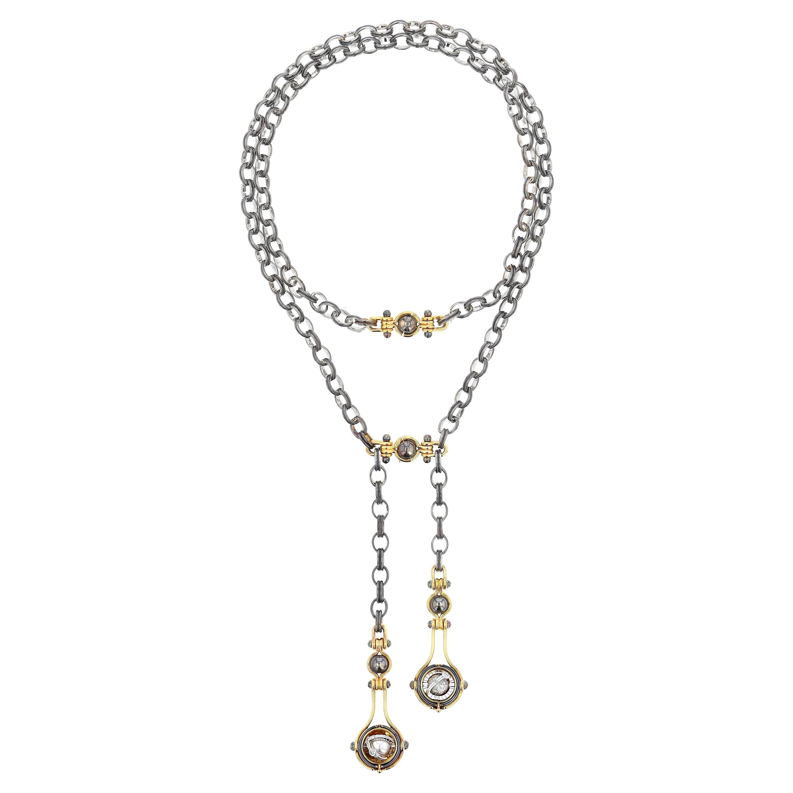 Deux Gouttes Diamanten & Perlen Halskette aus 18 Karat Gelbgold von Elie Top