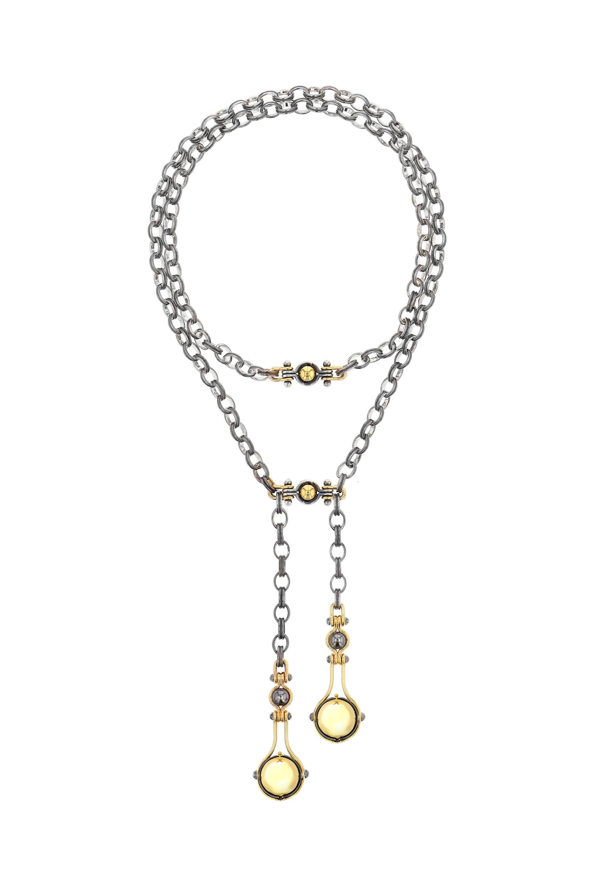 Deux Gouttes-Halskette aus 18 Karat Gelbgold mit Saphiren und Diamanten von Elie Top (Neoklassisch) im Angebot