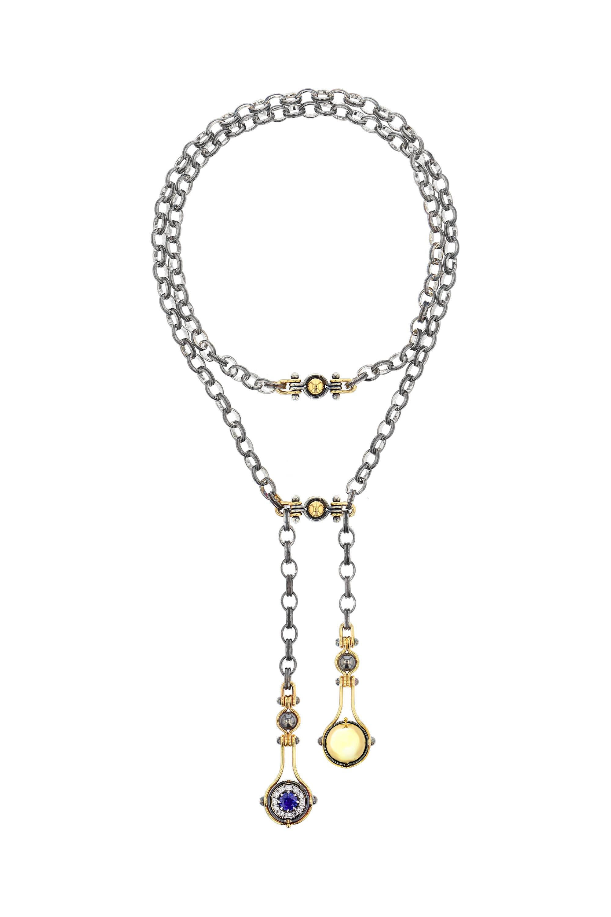 Deux Gouttes-Halskette aus 18 Karat Gelbgold mit Saphiren und Diamanten von Elie Top (Kissenschliff) im Angebot