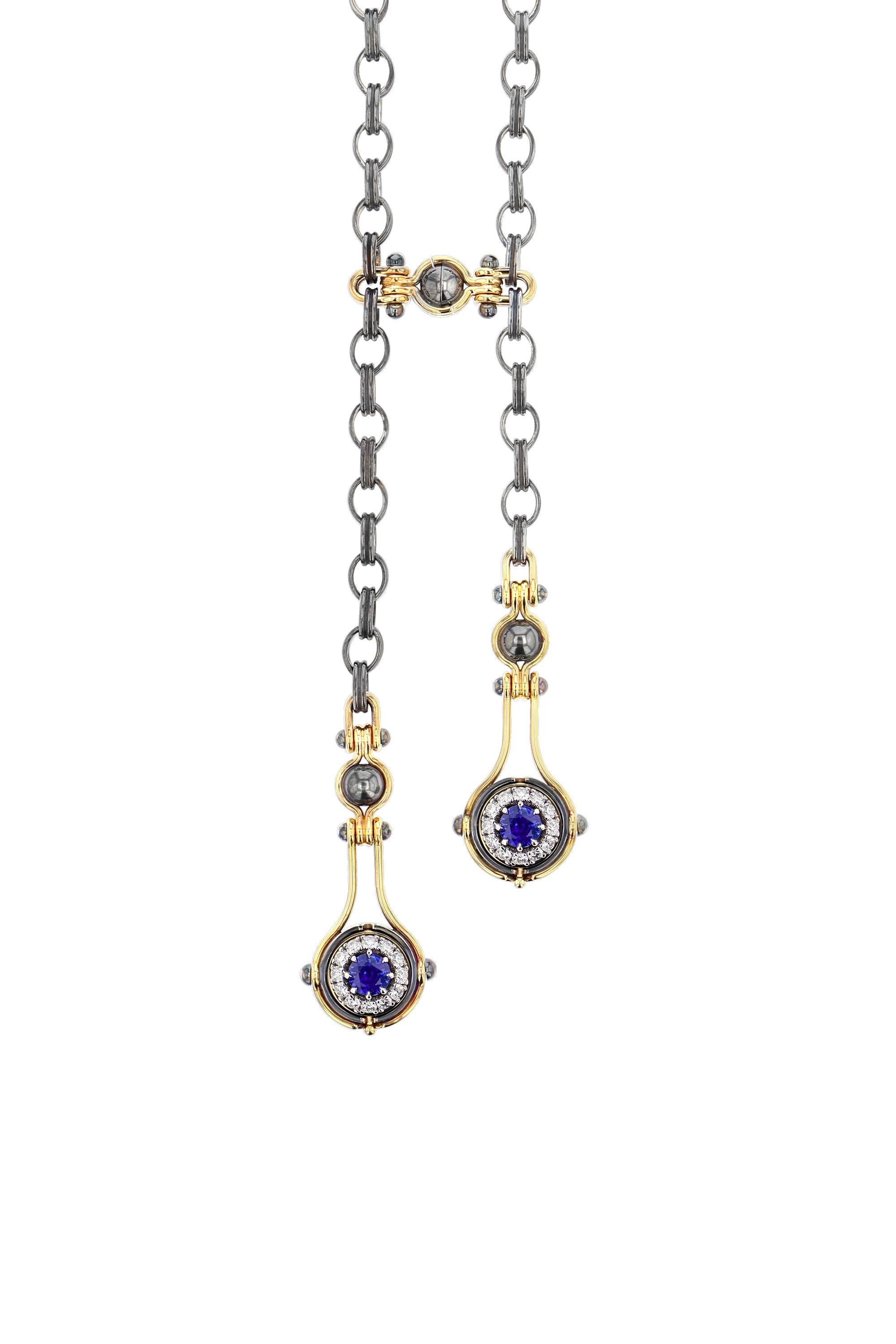 Cushion Cut Deux Gouttes Sapphire & Diamond Necklace in 18k Yellow Gold by Elie Top For Sale