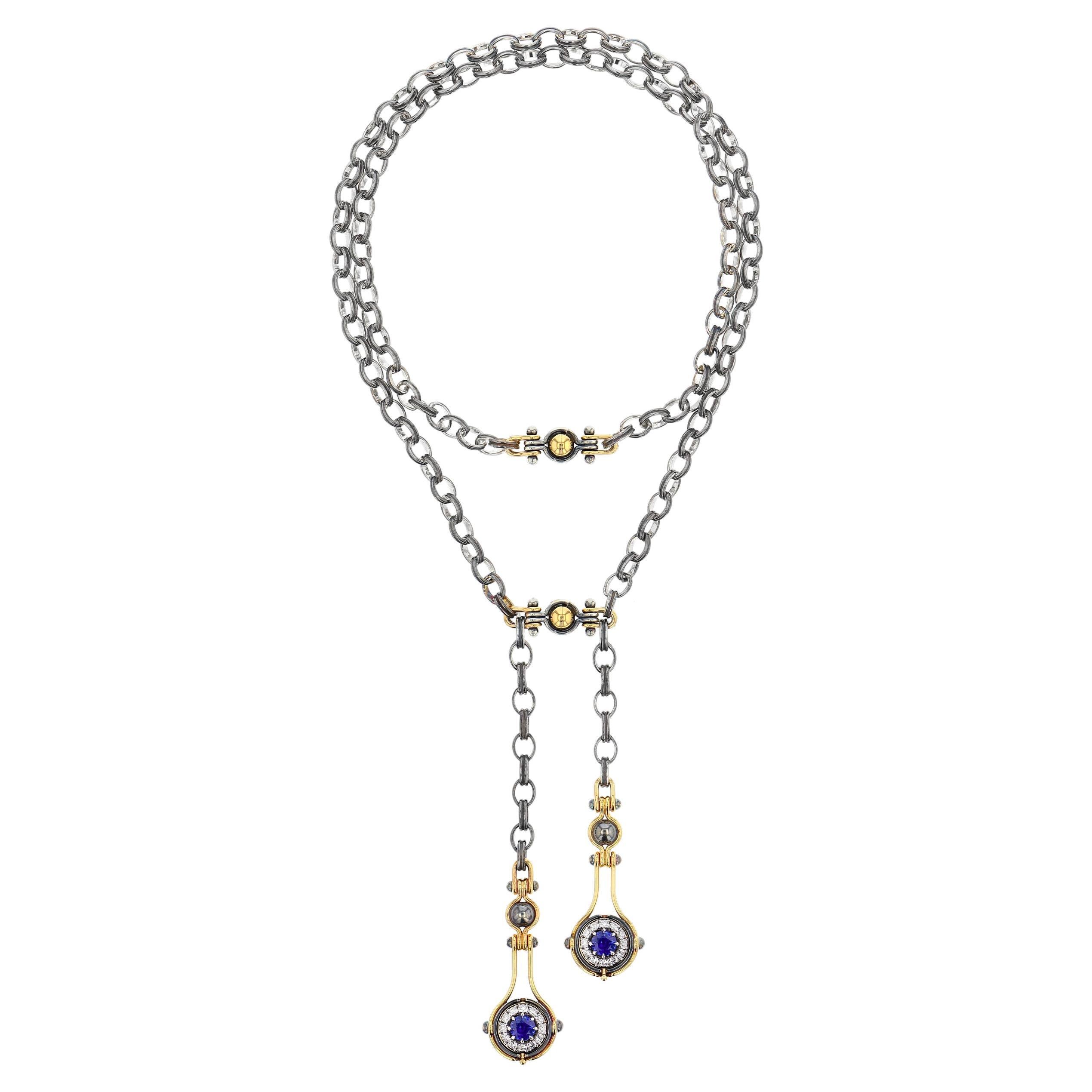Deux Gouttes-Halskette aus 18 Karat Gelbgold mit Saphiren und Diamanten von Elie Top im Angebot