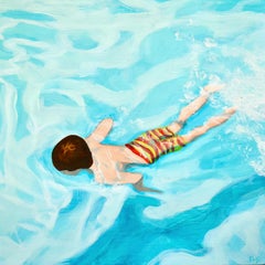 Colorful Coastal Figurative Painting, Playful Beach Scene on Panel