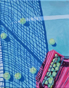Play the Net by Devan Sweeney, Oil on Canvas Tennis Painting, Pink, Blue