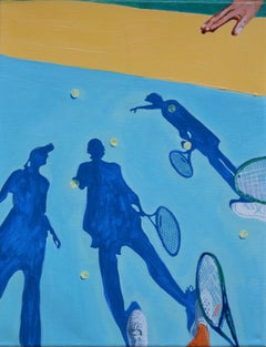 Tennis Lesson by Devan Sweeney, Oil on Canvas Tennis Painting, Blue, Yellow