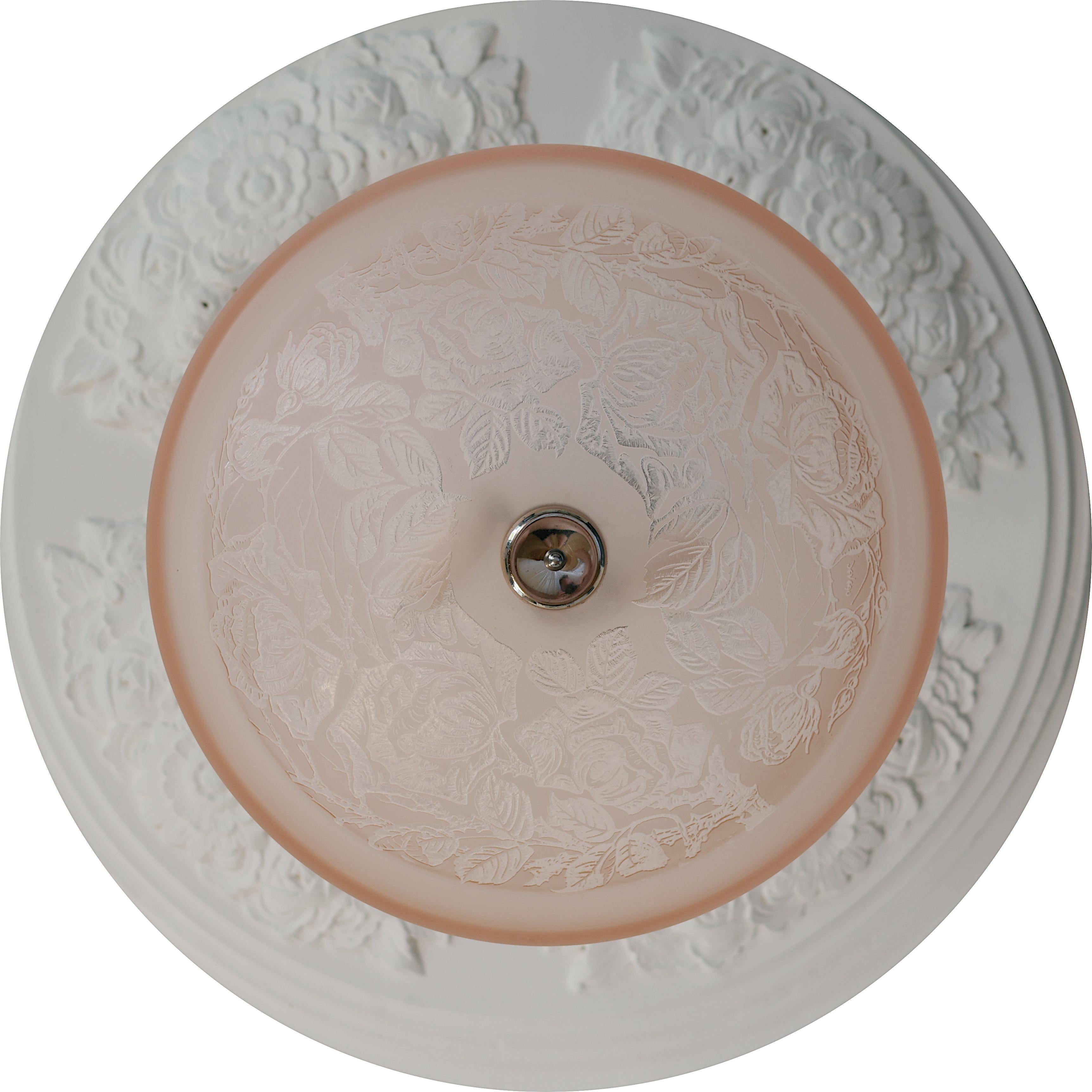 Francese Deveau Lampadario a sospensione Art Deco francese con incisione all'acido 1920 in vendita