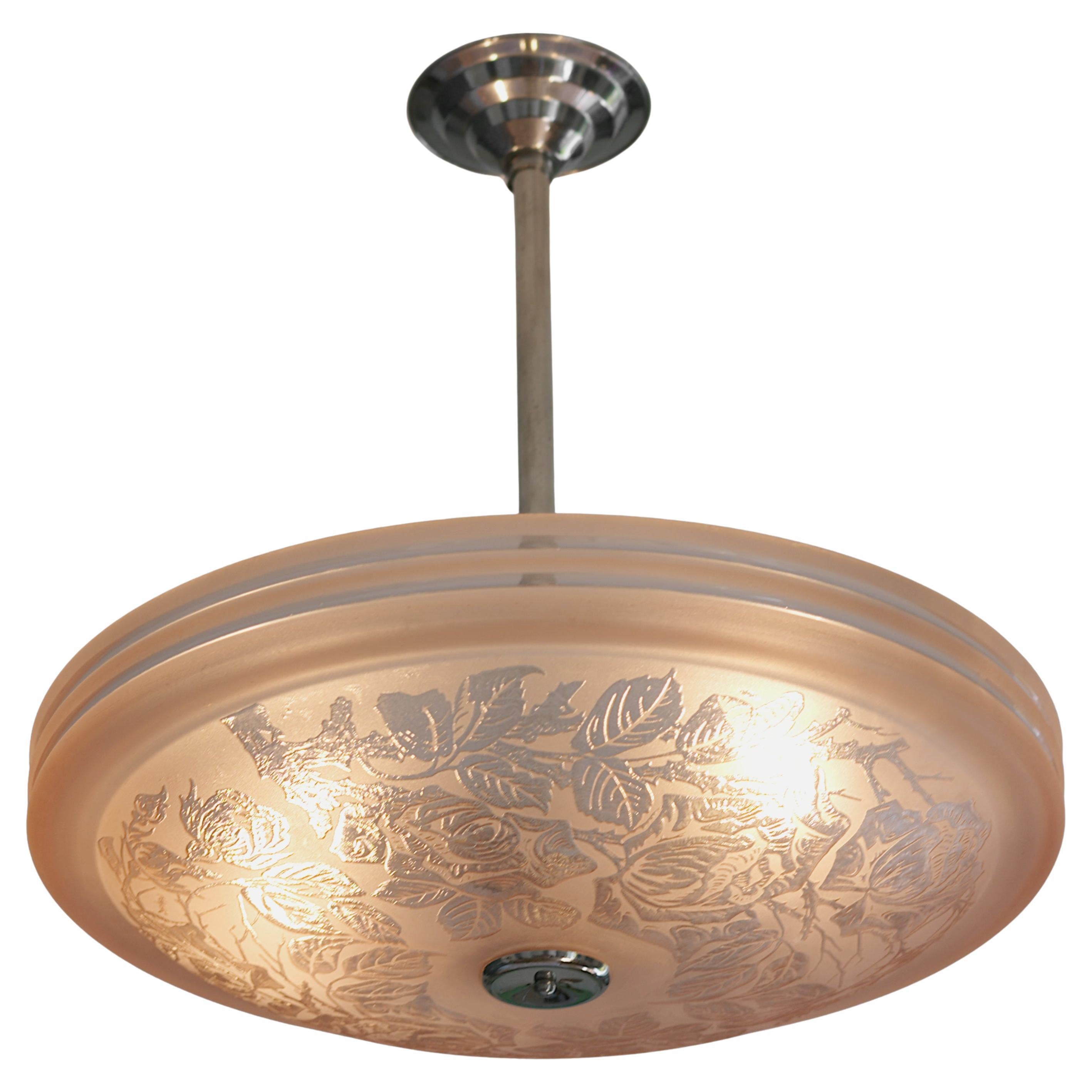 Deveau Lampadario a sospensione Art Deco francese con incisione all'acido 1920 in vendita