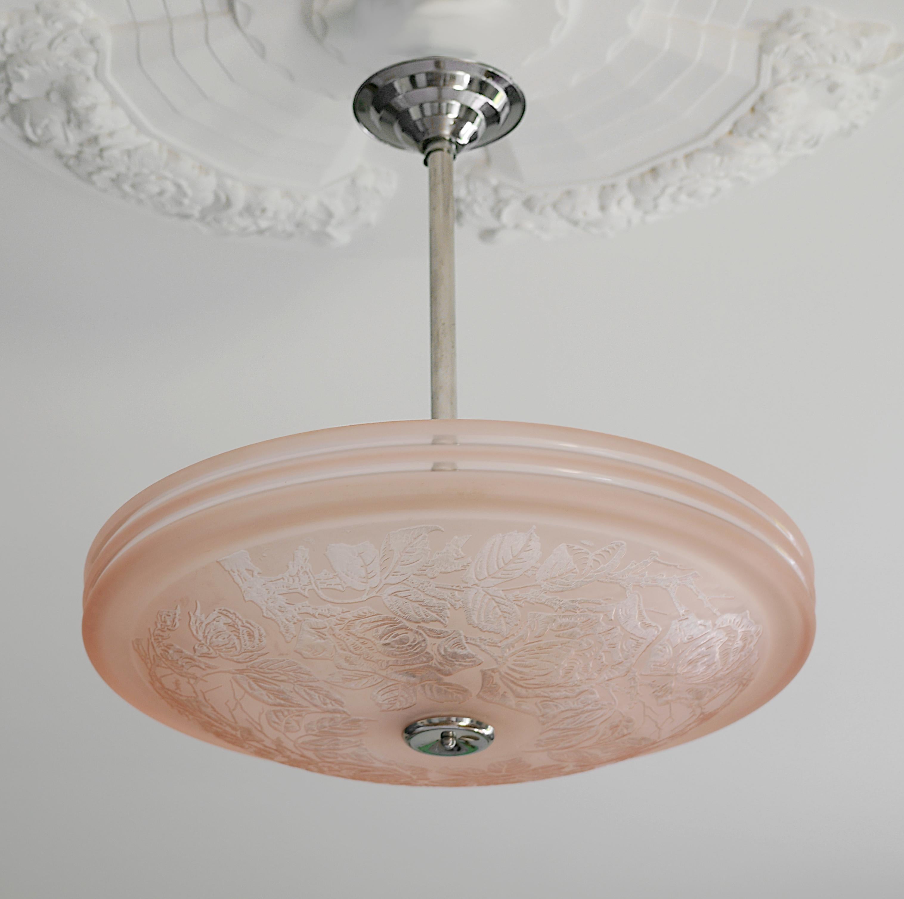 Deveau French Art Deco Acid-Etched Rosebush Pendant Chandelier, 1920s In Excellent Condition For Sale In Saint-Amans-des-Cots, FR