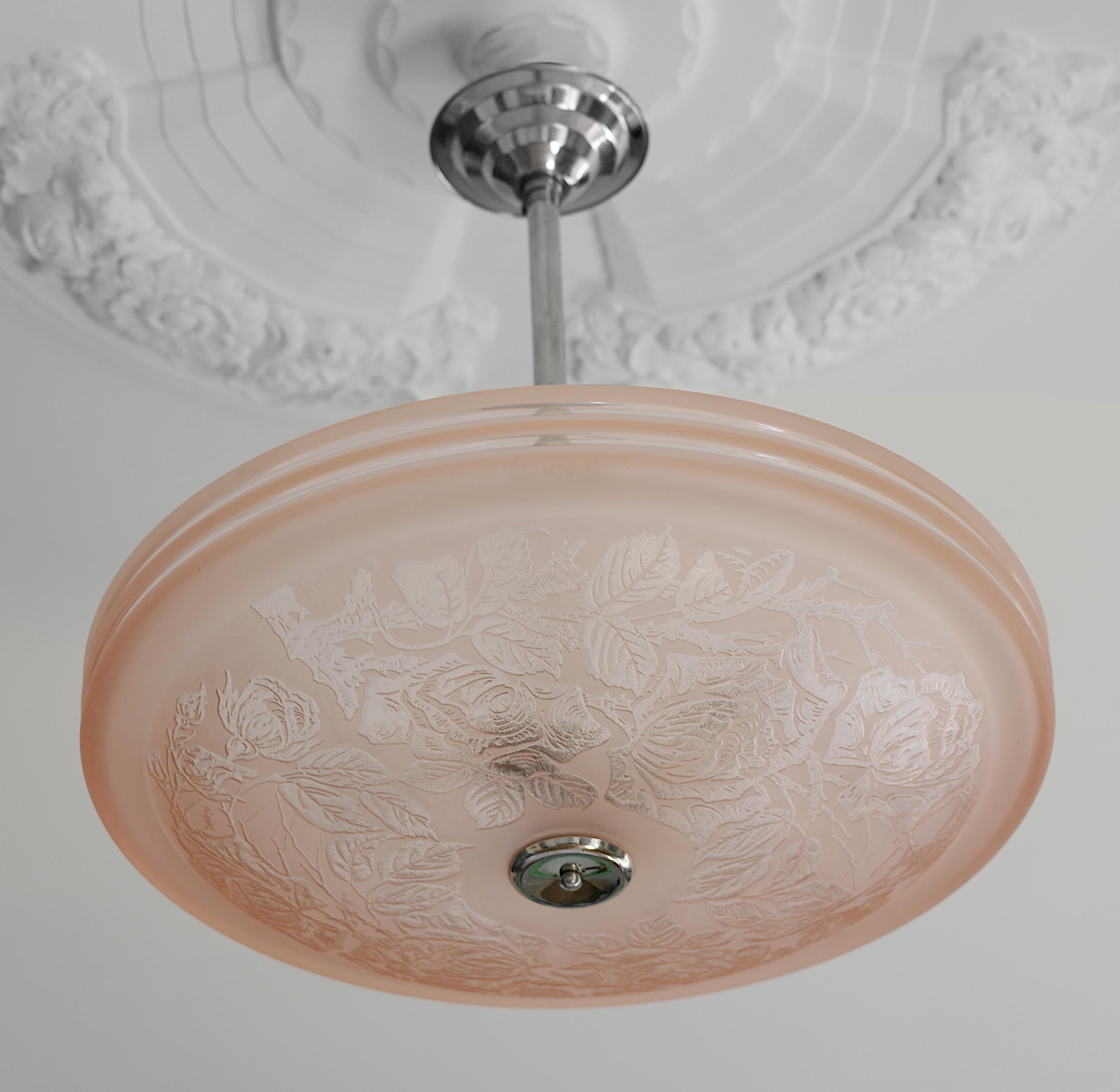 Vetro Lampadario a sospensione a forma di rosa canina inciso all'acido di Deveau, 1920 in vendita