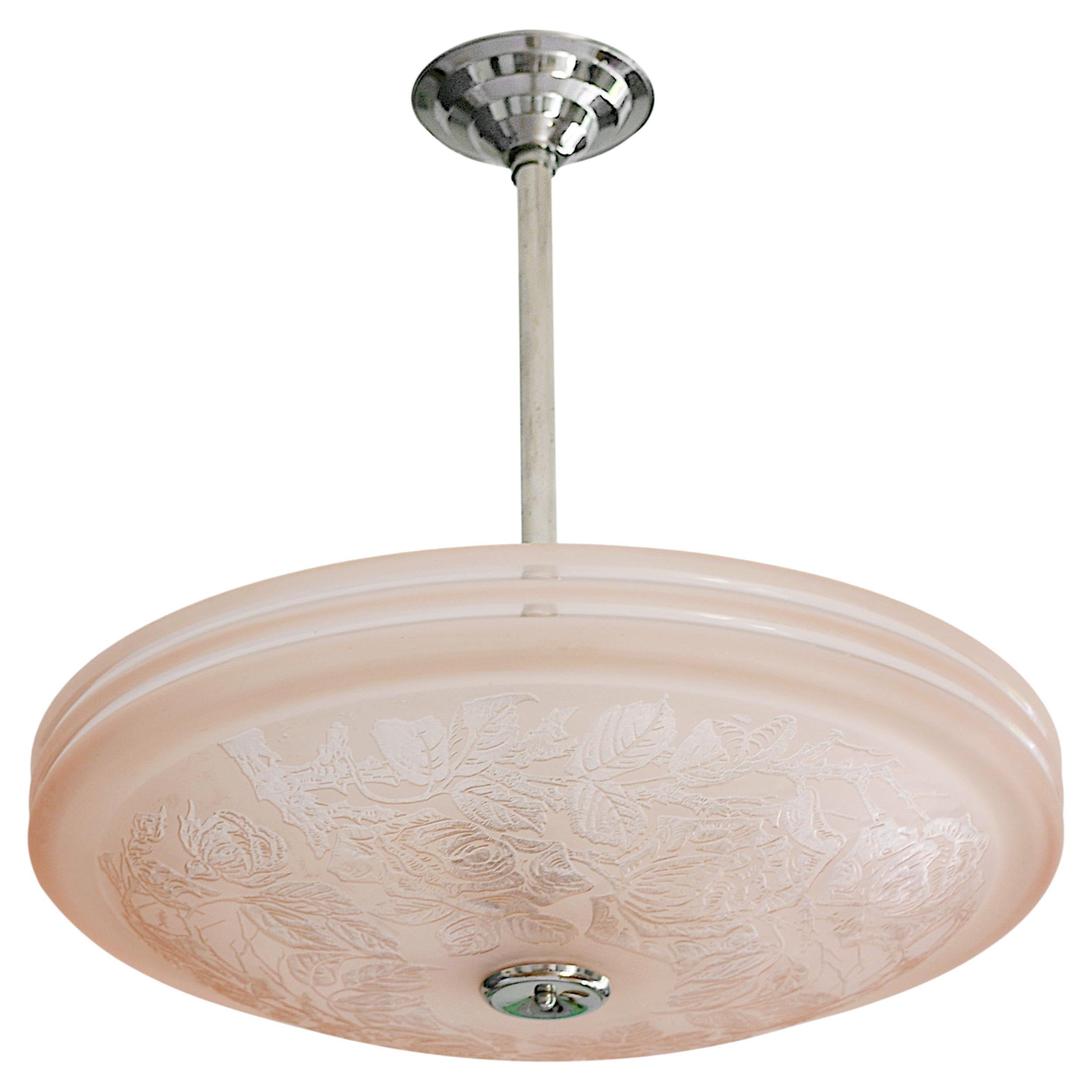 Deveau French Art Deco Acid-Etched Rosebush Pendant Chandelier, 1920