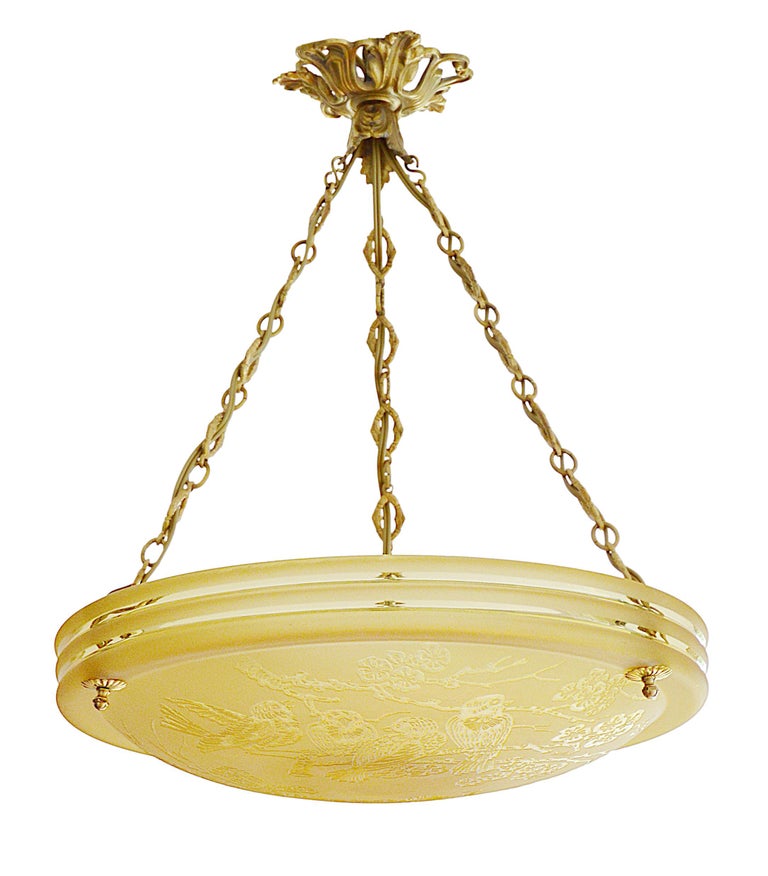 Deveau French Art Deco Pendant Chandelier, AcidEtched Japanese Pattern