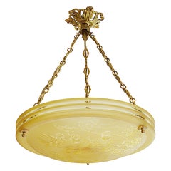 Deveau French Art Deco Pendant Chandelier, Acid-Etched Japanese Pattern, 1920s