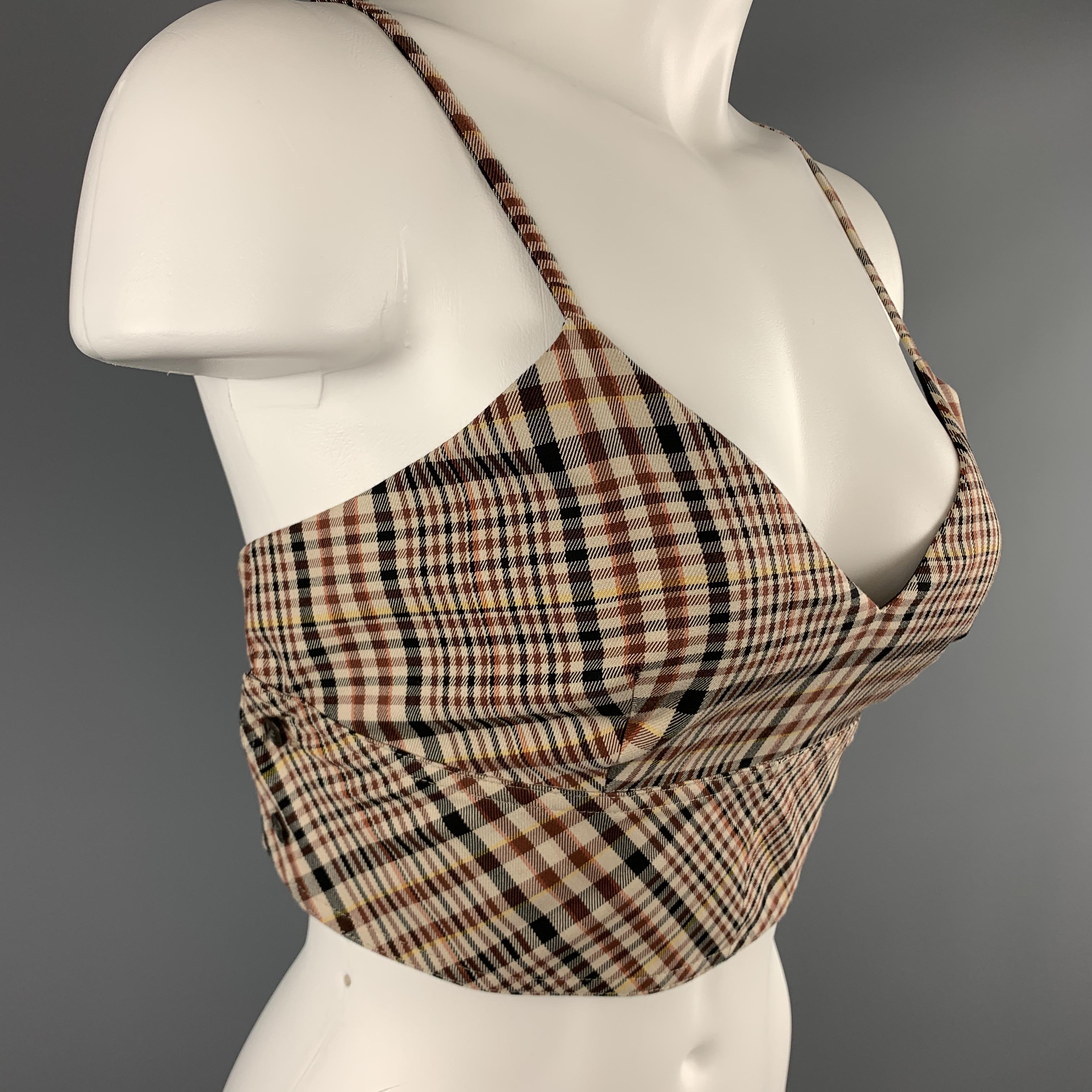 DEVEAUX NEW YORK bralette shell top comes in beige and burgundy plaid cotton with spaghetti straps and button side closures. Made in USA.

New with Tags. 
Marked: 8

Measurements:

Bust: 34 in.
Underbust: 29 in.
Length: 15 in.