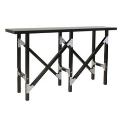Modern Industrial Hall Table by Peter Harrison in Black Wood with Metal Brackets