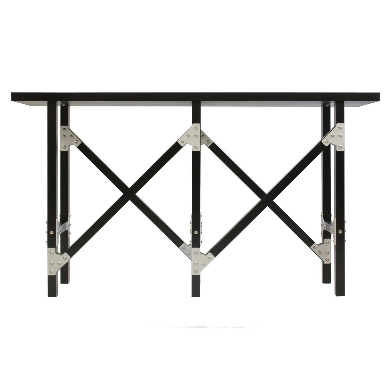 Blackened Modern Industrial Hall Table by Peter Harrison in Black Wood with Metal Brackets For Sale