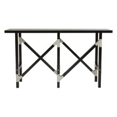 Modern Industrial Hall Table by Peter Harrison in Black Wood with Metal Brackets