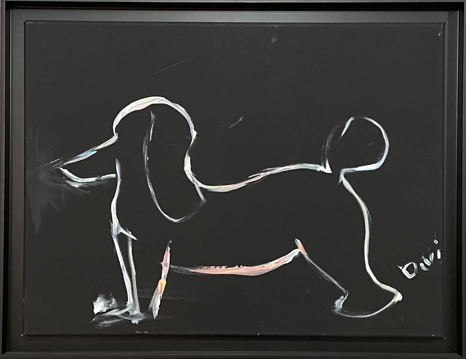 'Dog’ Minimalist Acrylic On Canvas Contemporary Original Painting by Devie - Black Animal Painting by Devie Elzafon
