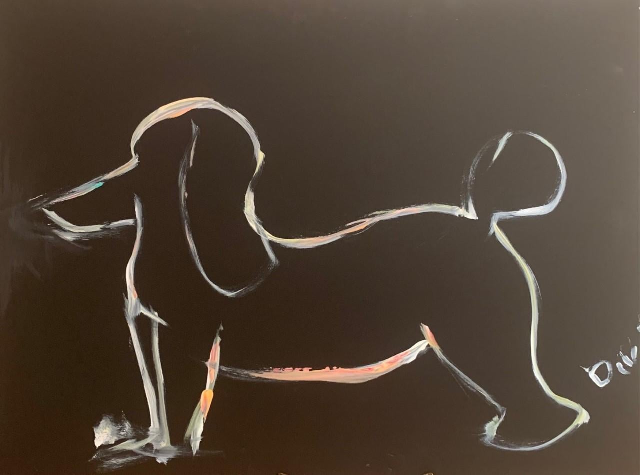 Devie Elzafon Animal Painting – Hund" Minimalistisches Acryl auf Leinwand Zeitgenössisches Originalgemälde von Devie