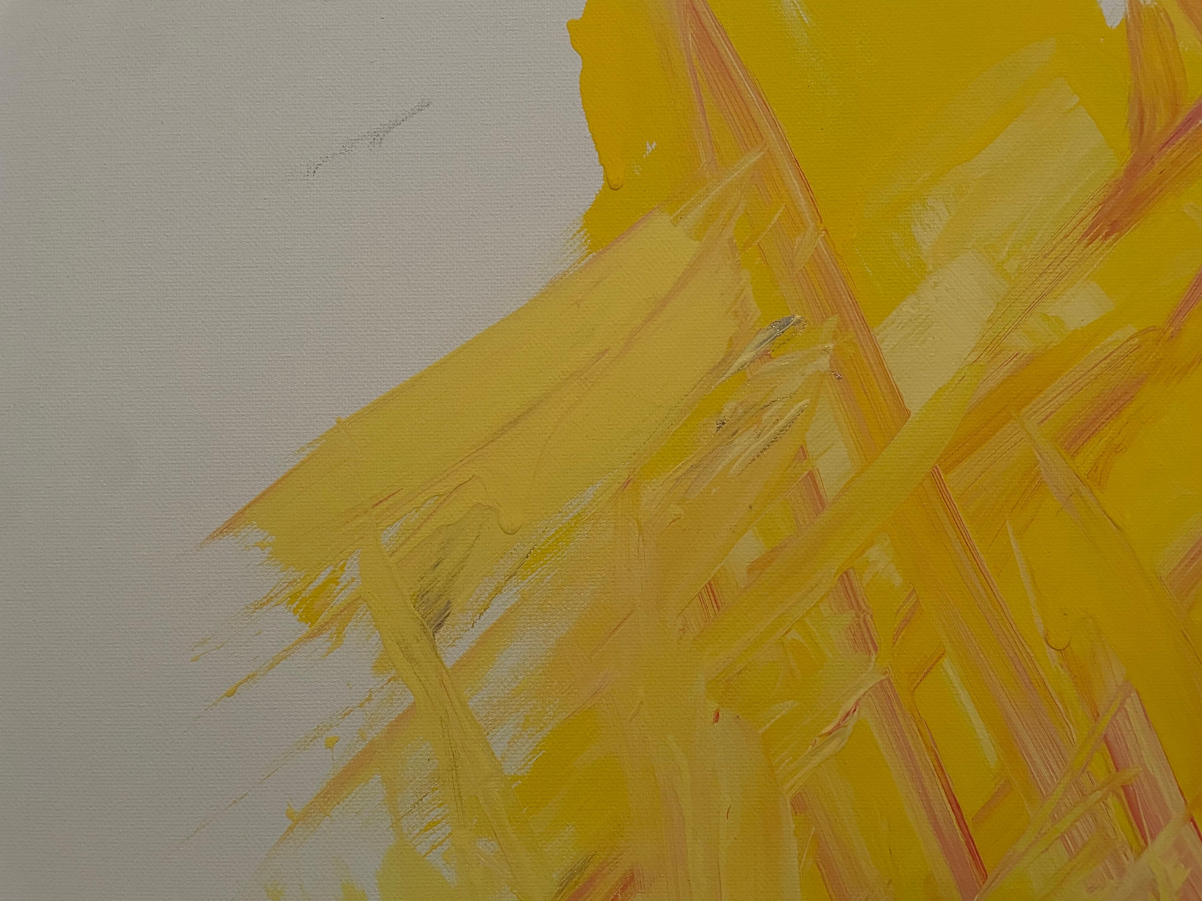 Minimale abstrakte Kunst „Yellow Celebration“ Acryl auf Leinwand von Devie (Zeitgenössisch), Painting, von Devie Elzafon