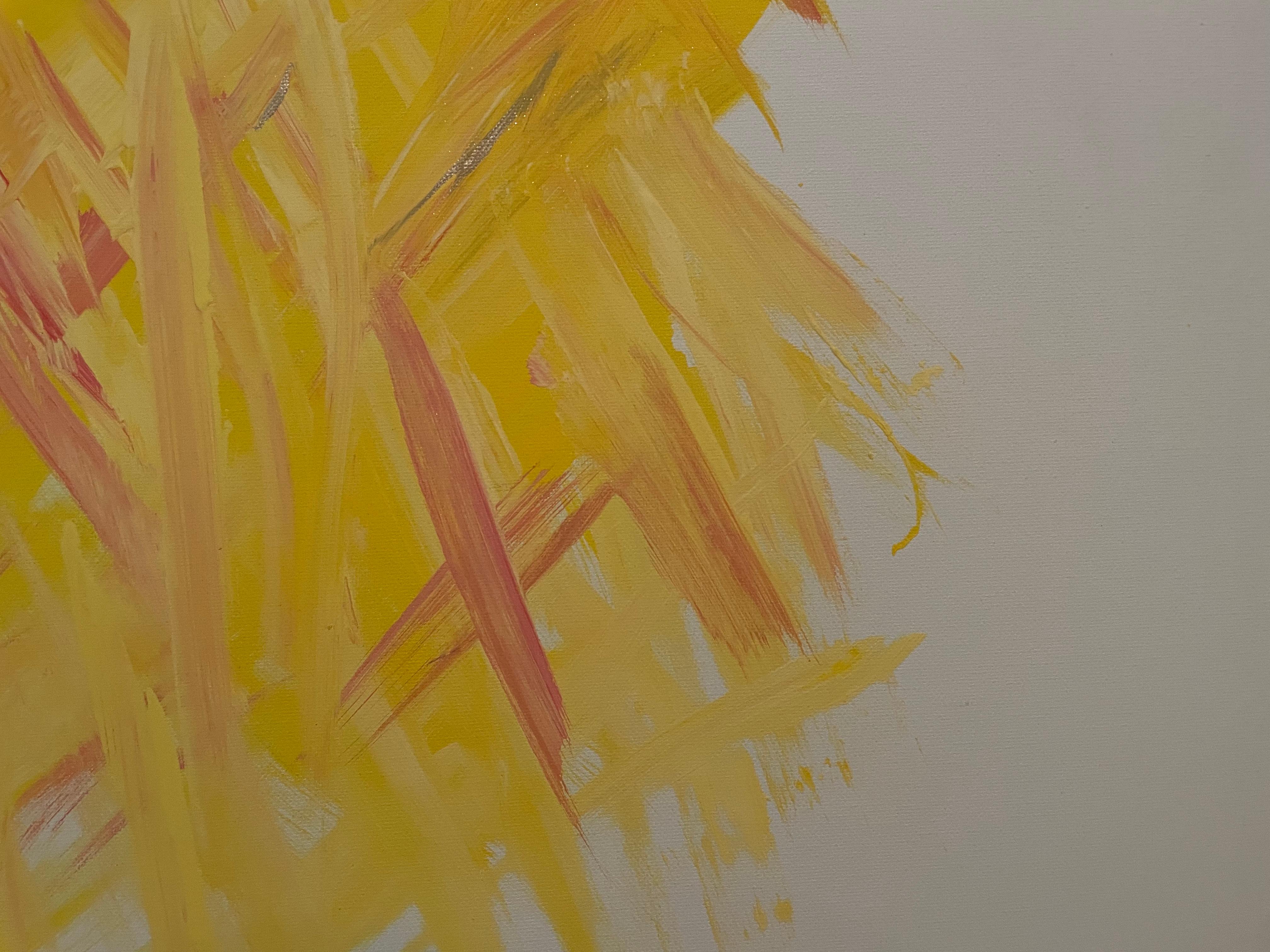 'Yellow Celebration' Minimal Abstract Art Acrylic On Canvas By Devie - Beige Abstract Painting by Devie Elzafon