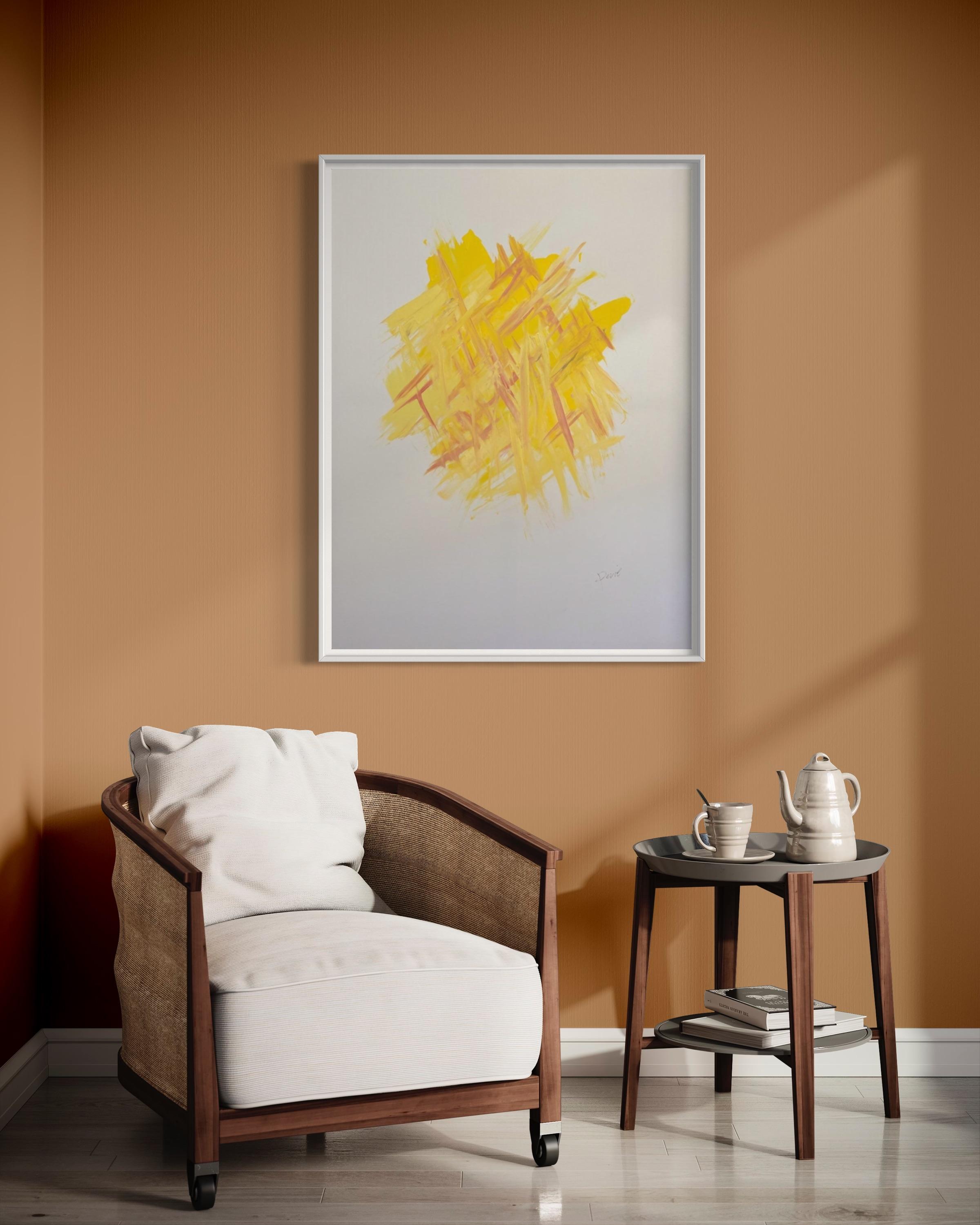 Minimale abstrakte Kunst „Yellow Celebration“ Acryl auf Leinwand von Devie im Angebot 1