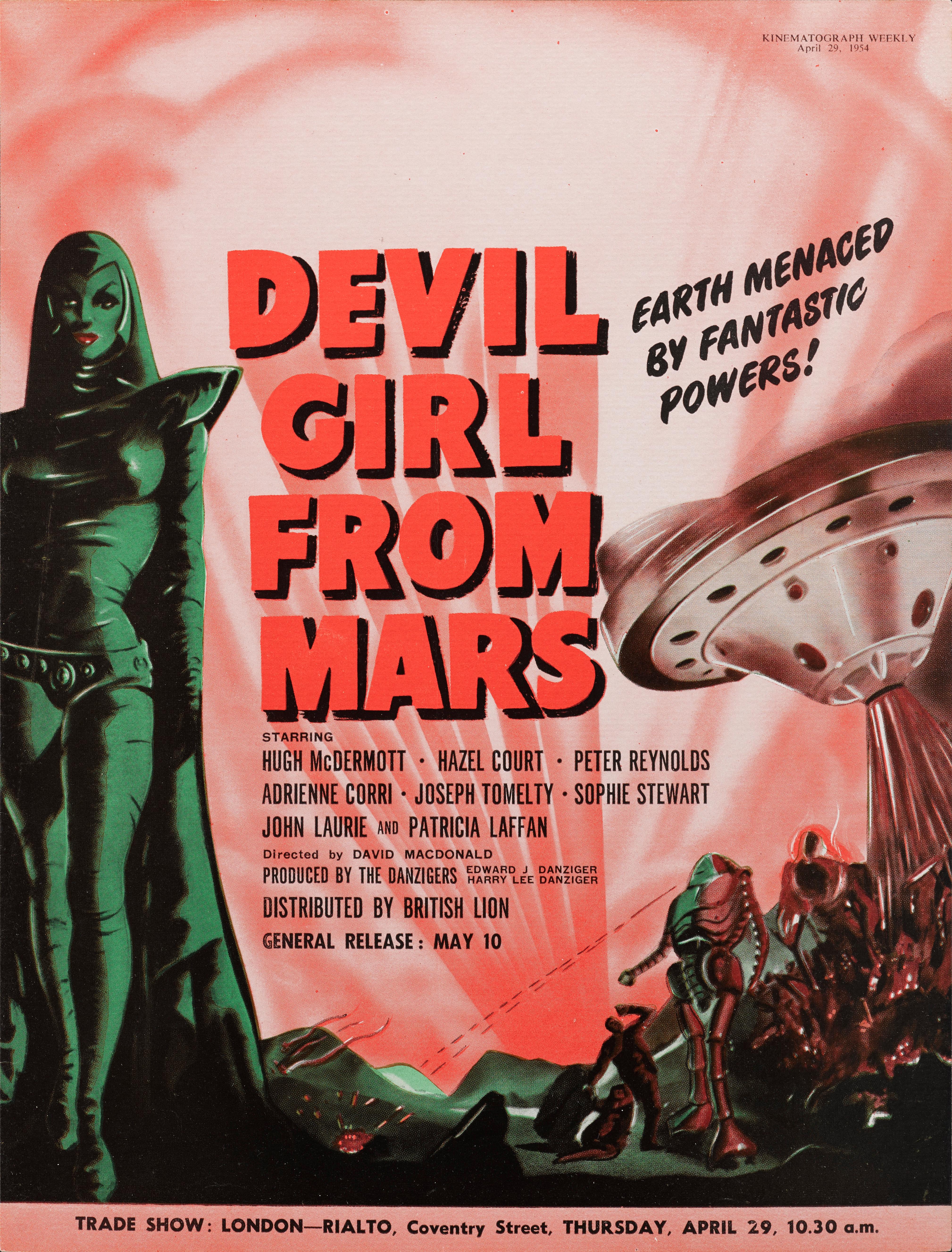 Original British trade advertisement for the 1954 science fiction film Devil Girl from Mars.
The film was directed by David MacDonald and Hugh McDermott, Hazel Court,
Peter Reynolds.
The piece is conservation paper backed and would be sent out
