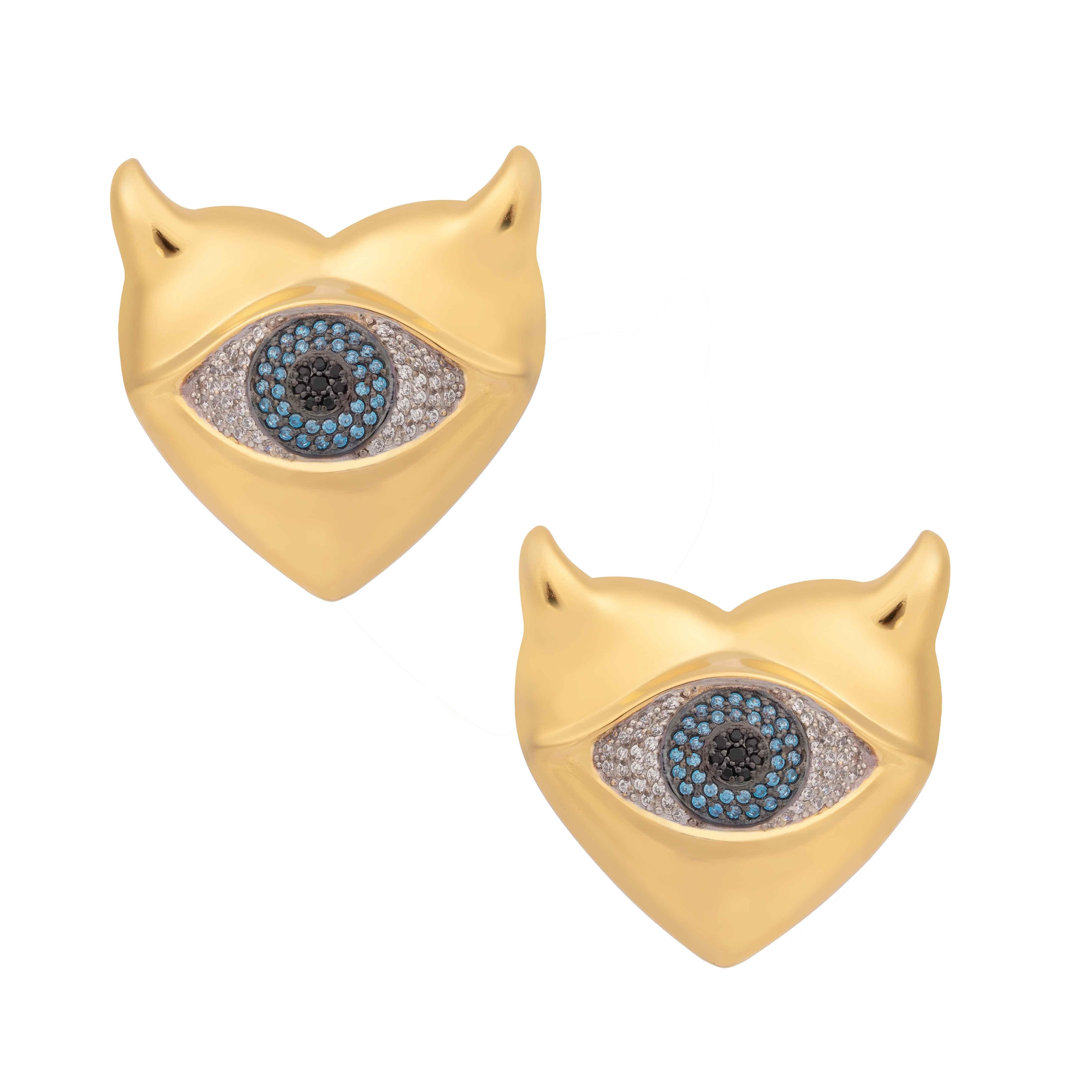 Gold plated Devil Heart Earrings featuring an evil eye. All hand set red crystals, sparkle like rubies. Rock the look and the attitude.

PRODUCT DETAILS:
Composition: 925 Sterling Silver, 18K gold (thick 1 micron coat of 18k yellow gold on a solid