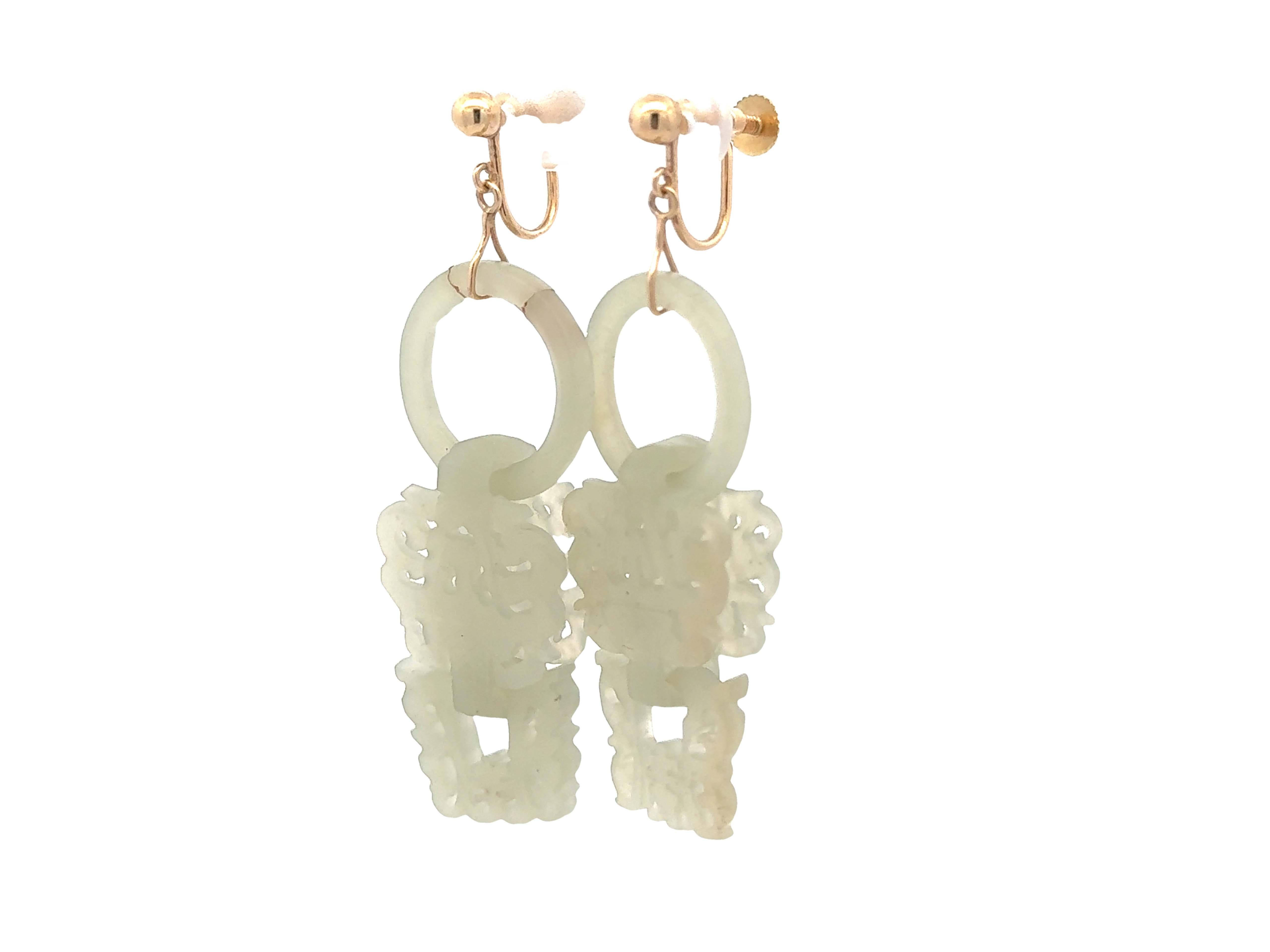Taille transversale Boucles d'oreilles Dangly en Jade blanc travaillé à la diable Or jaune 14k en vente