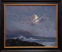 "On the Beach at Night Alone..." Landscape Oil Painting, Nocturne with Moon