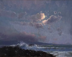 "Sulla spiaggia da solo di notte" (2025) Paesaggio dipinto a olio, notturno con luna