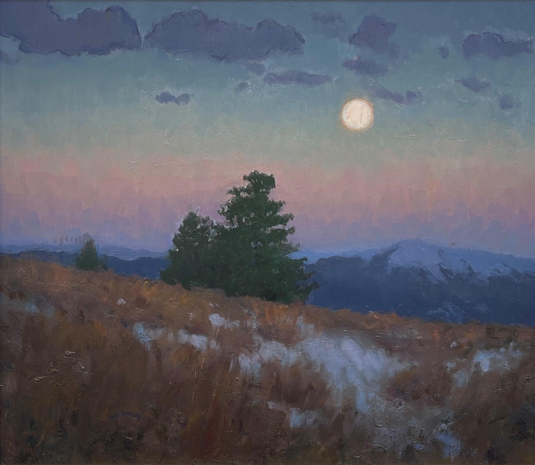 Devin Michael Roberts Landscape Painting - "Winter Moon" (2025) Landscape Oil Painting, Nocturne with Moon at Twilight