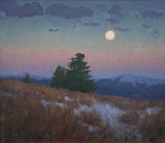 "Luna d'inverno" (2025) Paesaggio dipinto a olio, notturno con luna al crepuscolo