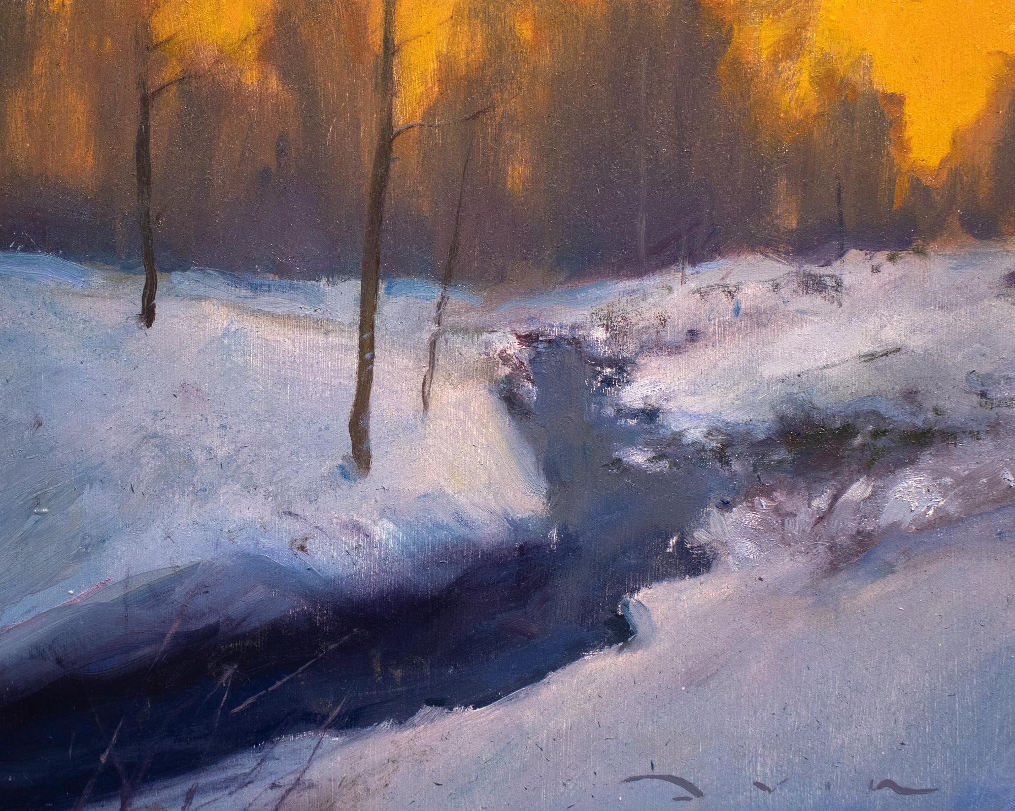 Devin Michael Roberts' ( US based) "Winter Solace" is an oil painting depicting a snowy landscape with a small river fork and a bright orange sunset above.

Artist bio/statement:
Devin Michael Roberts is an American Contemporary realist artist