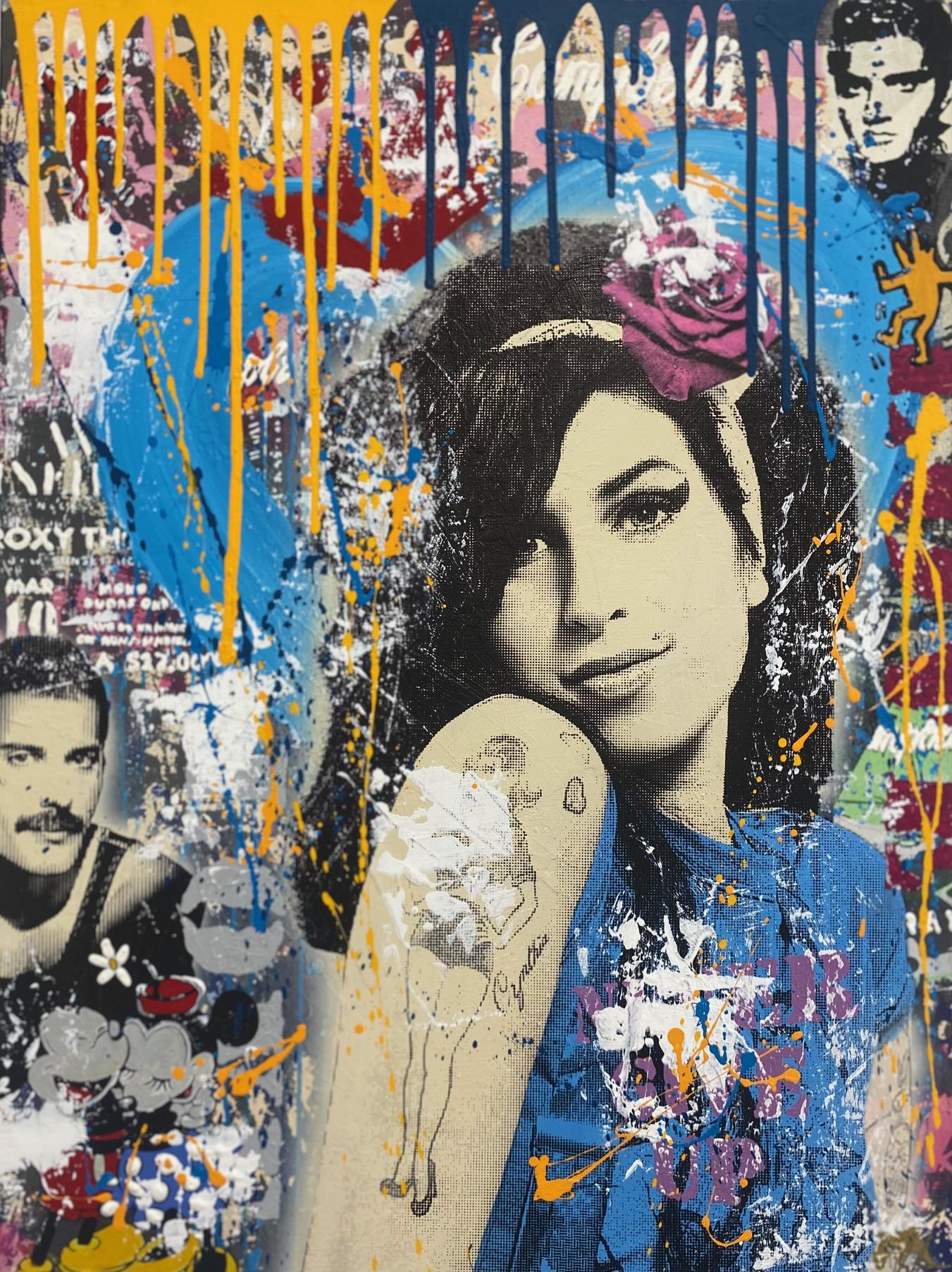 Amy- opera d'arte contemporanea a tecnica mista originale con ritratto di Amy Winehouse pop art