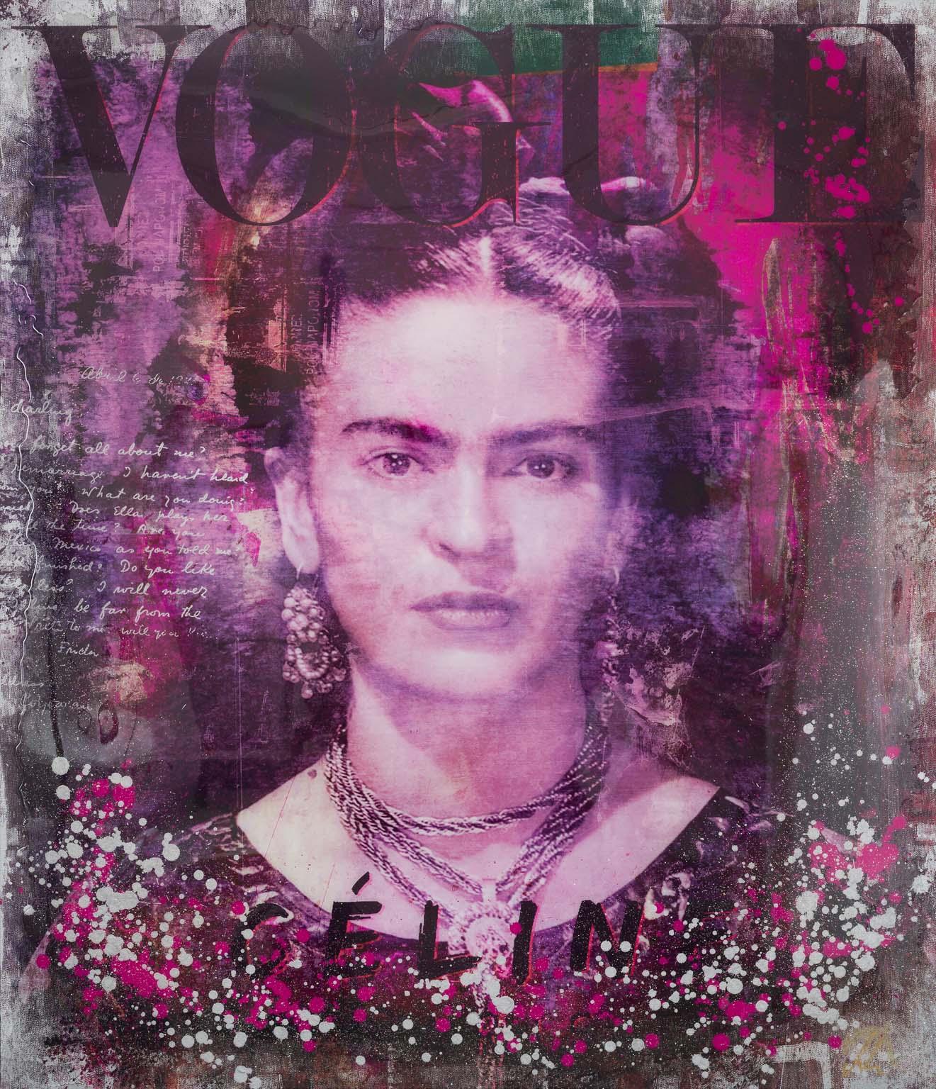 Frida - œuvre d'art contemporaine en techniques mixtes, portrait original de Frida Kahlo - Mixed Media Art de Devin Miles