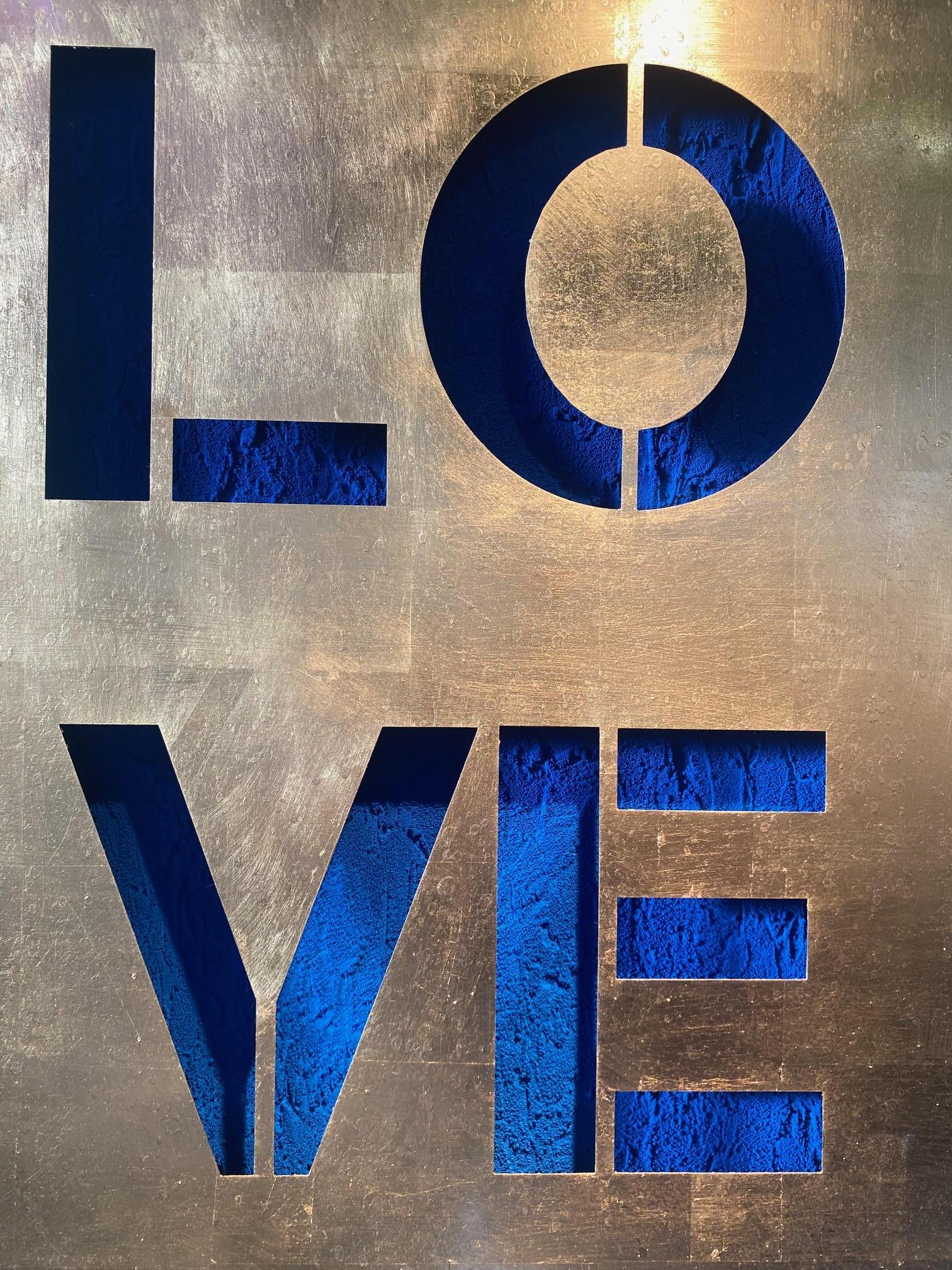 LOVE Royal Blue -contemporary original pop art cut out, gold and blue  For Sale 1