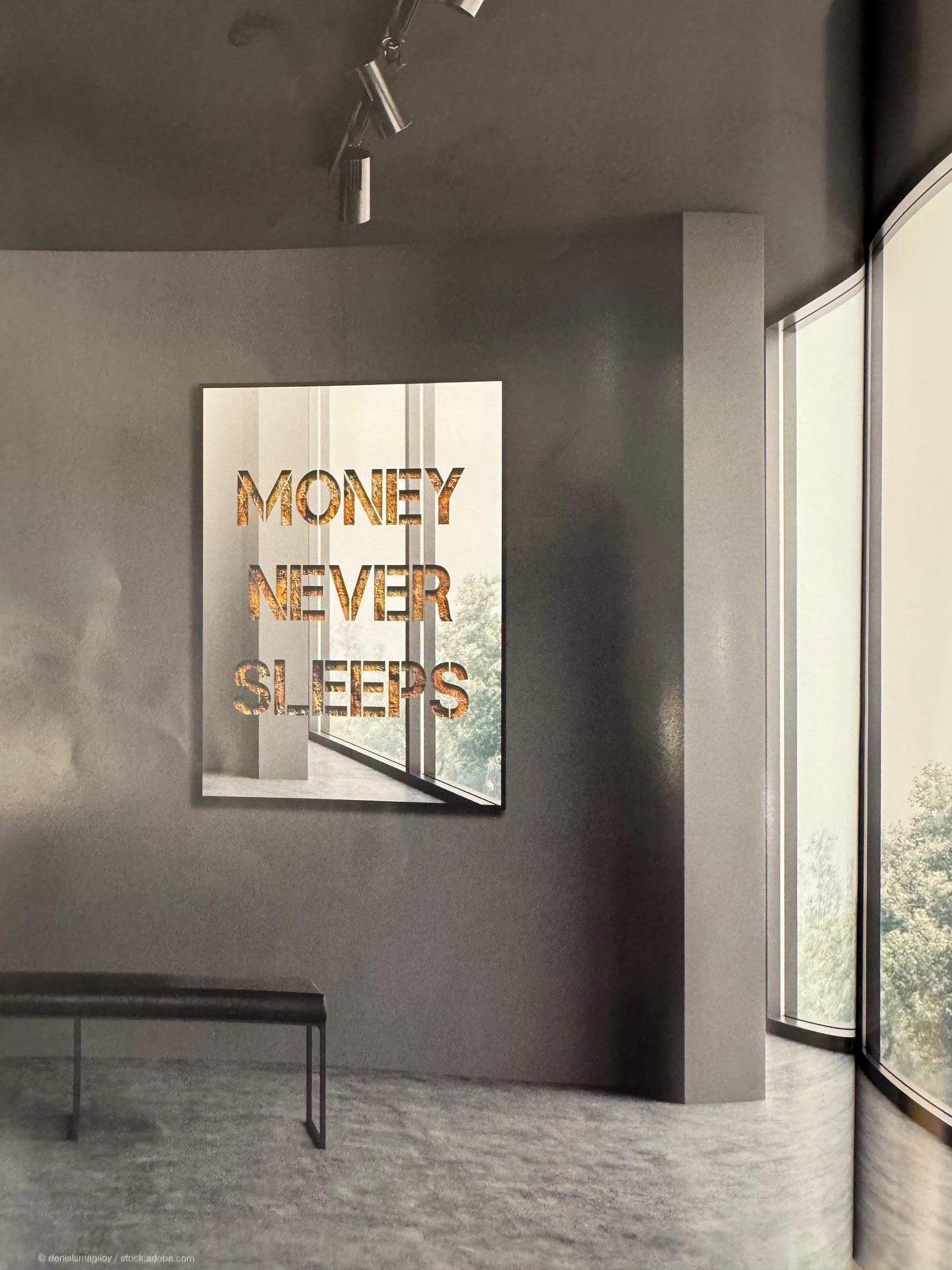 Money Never Sleeps - zeitgenössischer Pop-Art-Ausschnitt, Blattgold mit silberner Beschriftung im Angebot 6