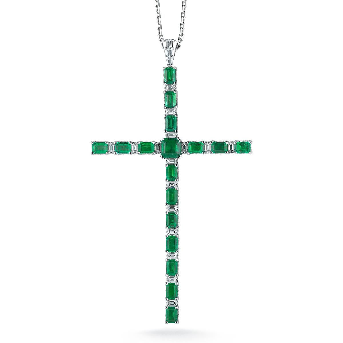 EMERALD CROSS PENDANT
A dramatic Emerald statement for an iconic symbol.
Item:	# 01898
Metal:	18k W
Lab:	C.dunaigre
Color Weight:	14.67 ct.
Diamond Weight:	5.59 ct.