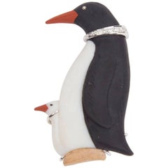 Devine Mother and Baby Penguin Gemstone Diamond Gold Brooch Pin