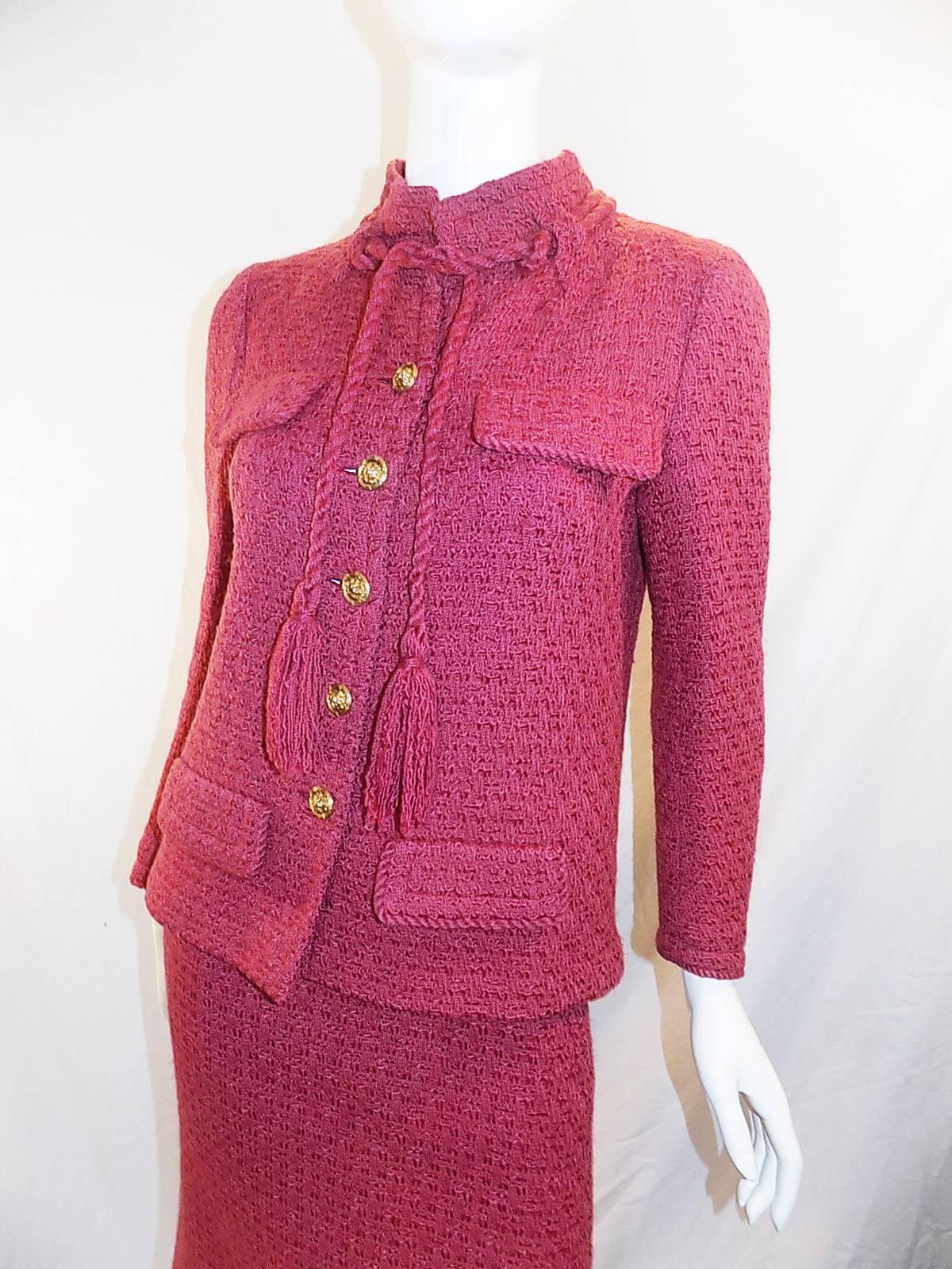 Red Chanel Vintage Haute Couture raspberry color skirt suit For Sale