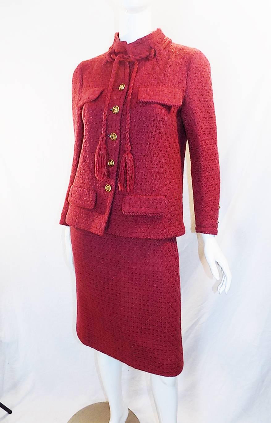 Chanel Vintage Haute Couture raspberry color skirt suit In Excellent Condition For Sale In New York, NY