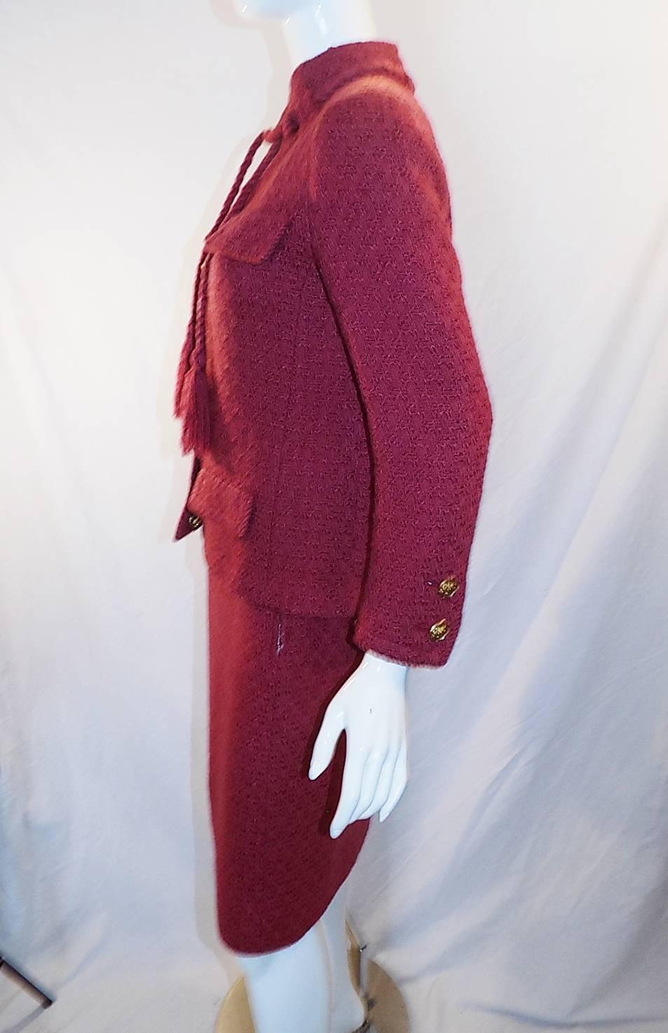 Chanel Vintage Haute Couture raspberry color skirt suit For Sale 2