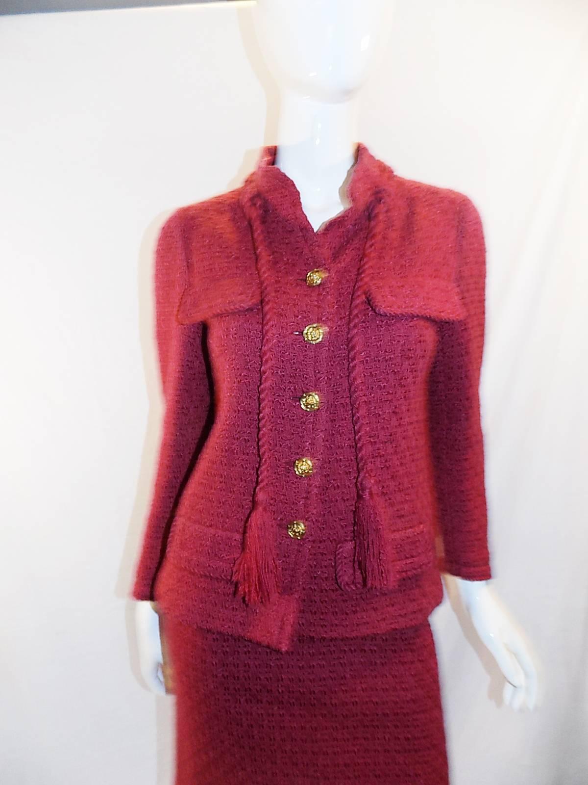Chanel Vintage Haute Couture raspberry color skirt suit For Sale 4
