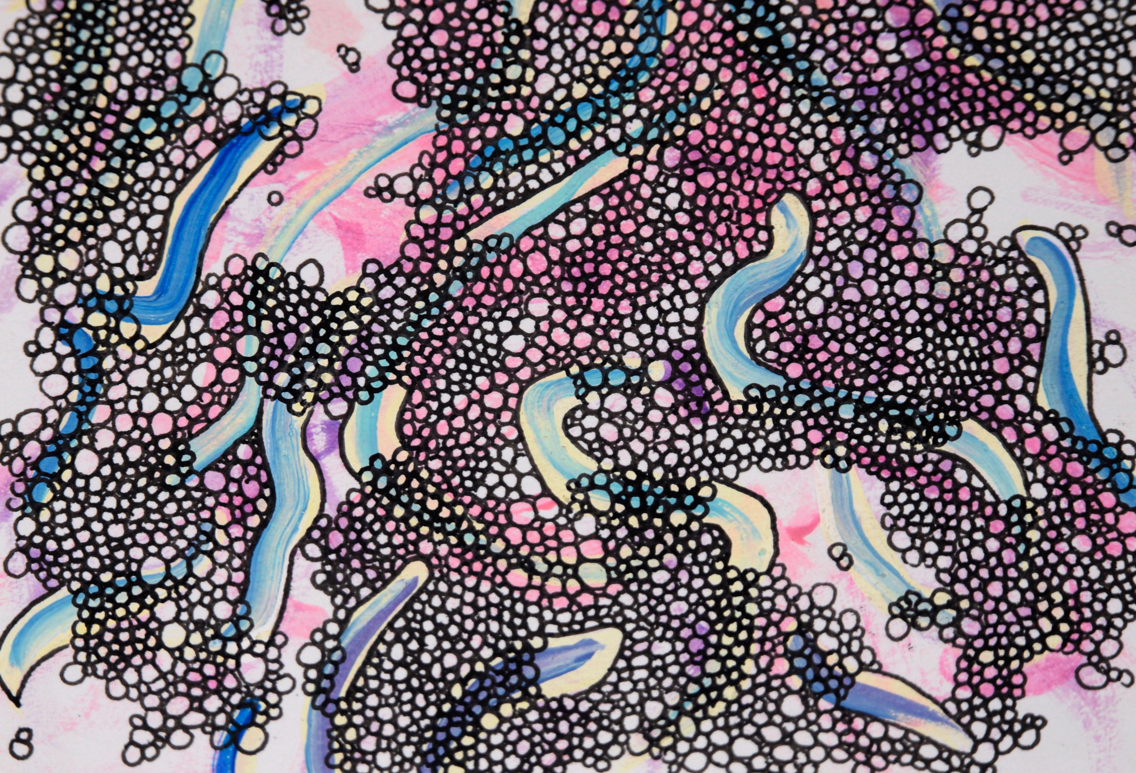 Abstrakte Komposition „Bubbles“ aus Acryl und Tinte auf Papier

Abstrakte Komposition des kalifornischen Künstlers Devon Brockopp-Hammer (Amerikaner, geb. 1986). Schlanke Formen schlängeln sich durch eine Masse von Blasen. Die langen Formen sind vor