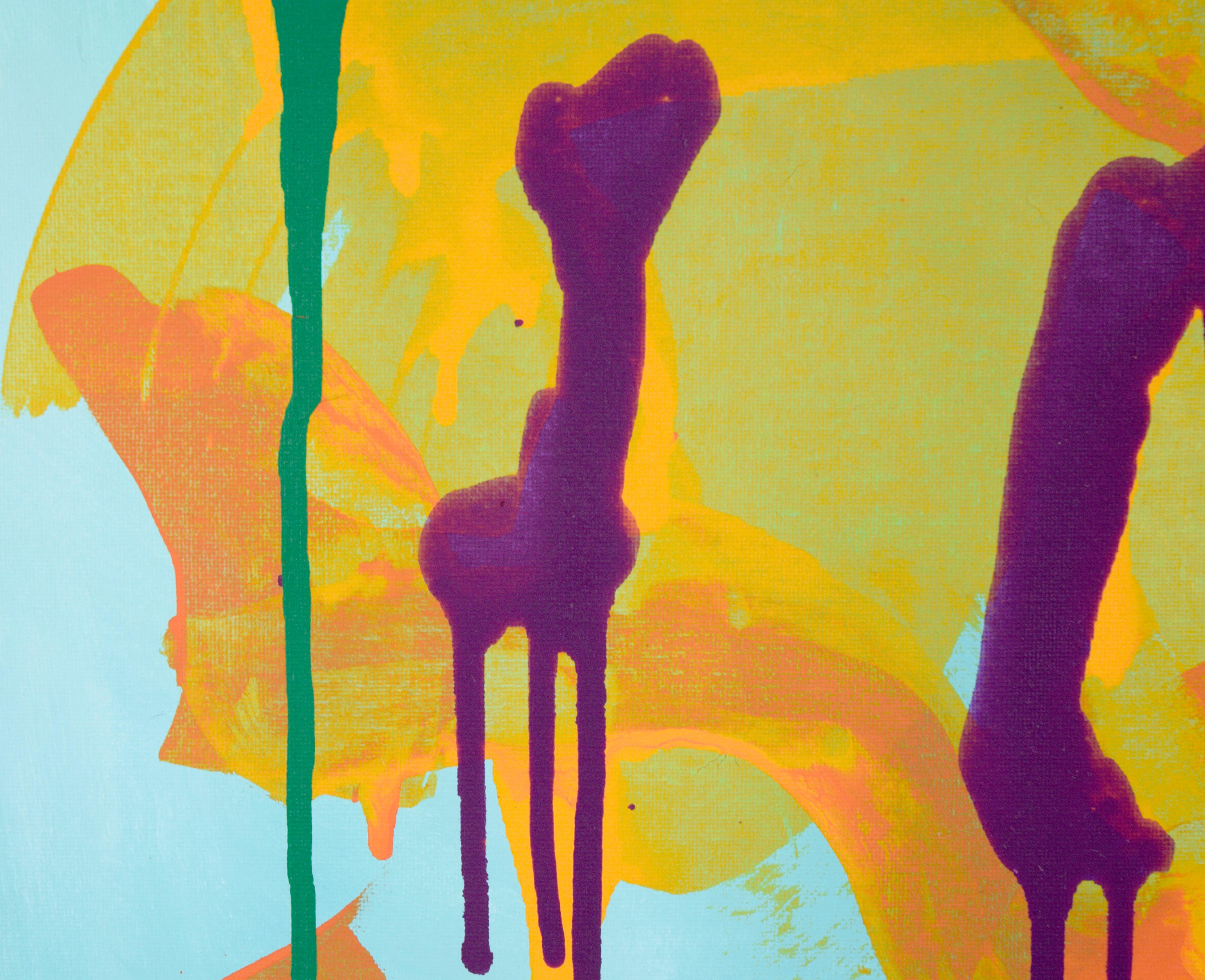 Abstract composition by California artist Devon Brockopp-Hammer (American, b. 1986). Against a light blue background, splashes of yellow, orange, purple, and green dance and drip together across the canvas.

Initialed 